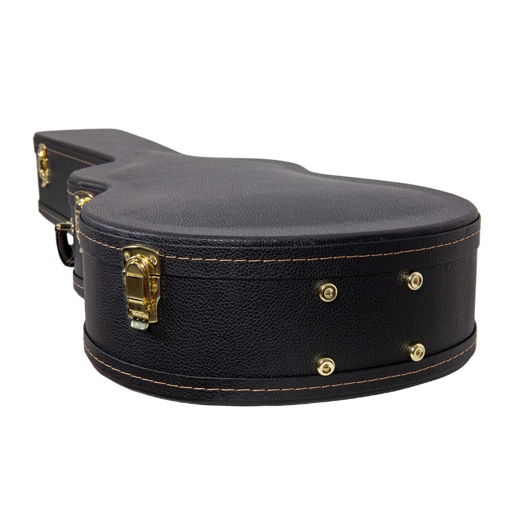 Crossrock CRW620-0012BK black wood parlor guitar case close-up of the lower bout with gold latch and metal feet on the black exterior.