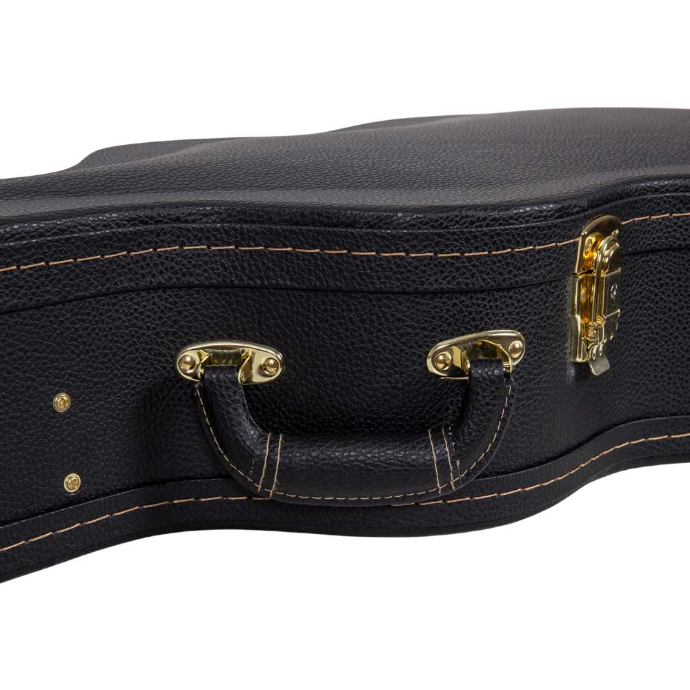 Crossrock CRW620-0012BK black wood parlor guitar case close-up of the handle and gold latch on the black textured exterior.