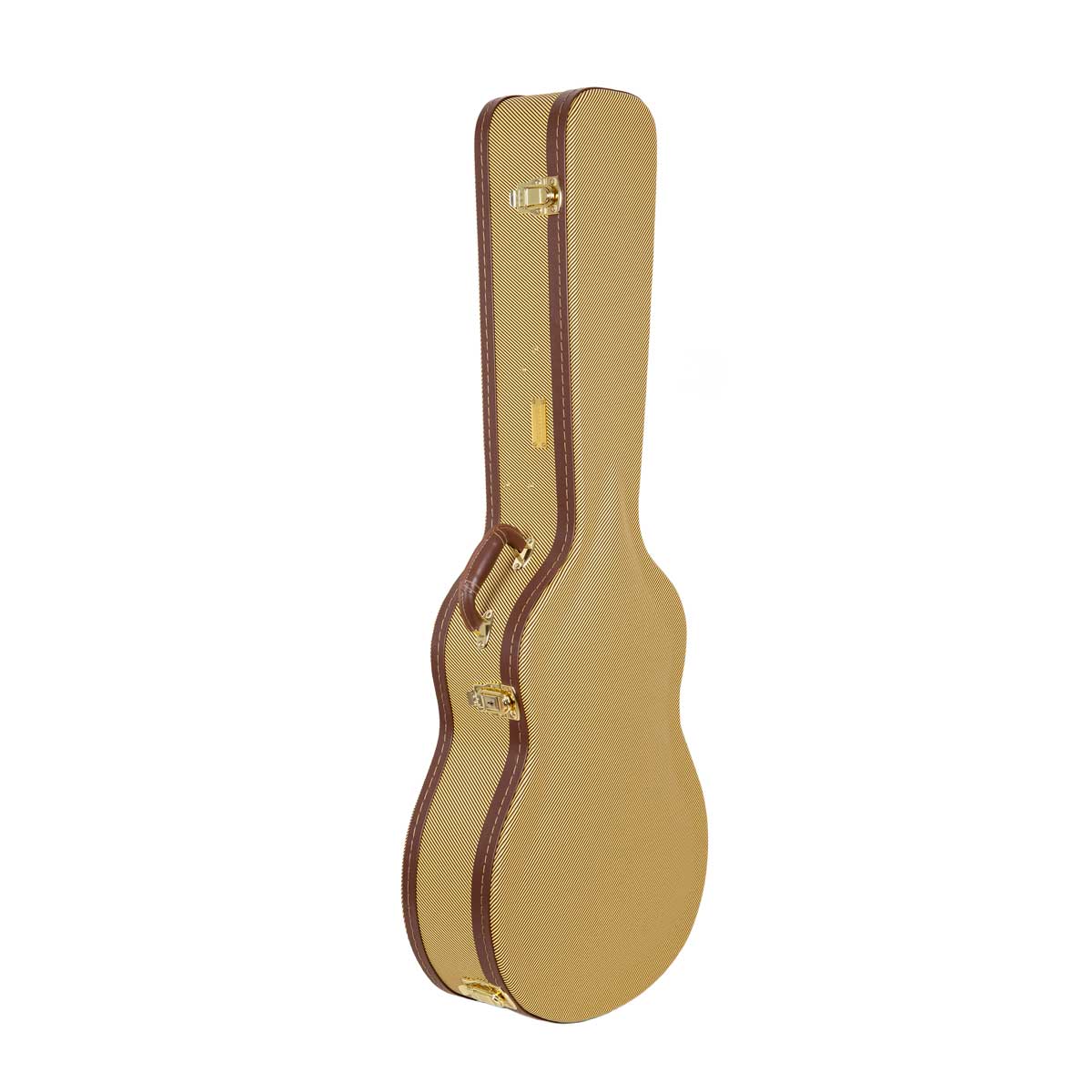 Crossrock CRW620-0012TW tweed wood parlor guitar case standing upright, closed, with brown trim and gold latches.