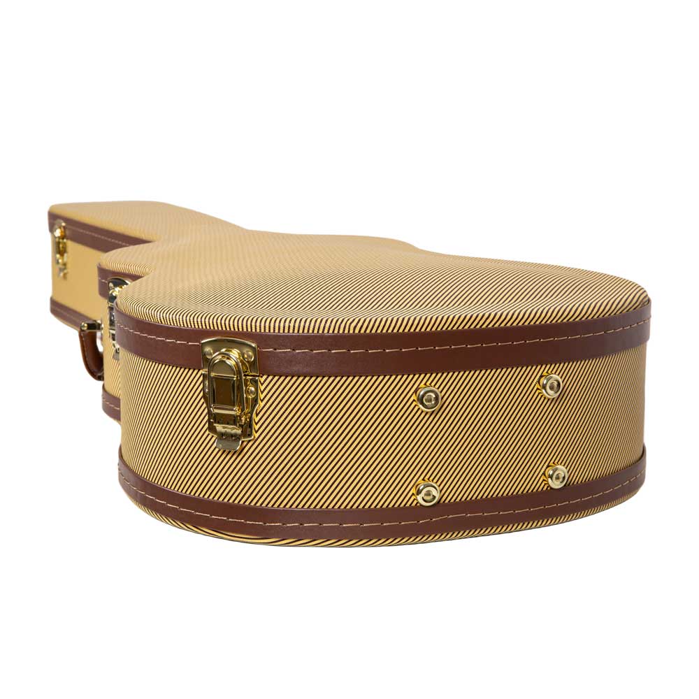 Crossrock CRW620-0012TW tweed wood parlor guitar case close-up of the lower bout with gold latch and metal feet on the tweed exterior.
