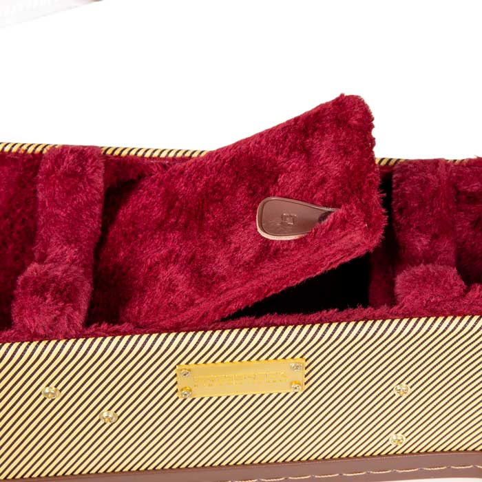 Crossrock CRW620-0012TW tweed wood parlor guitar case close-up of the scarlet plush accessory compartment lid with pull tab.
