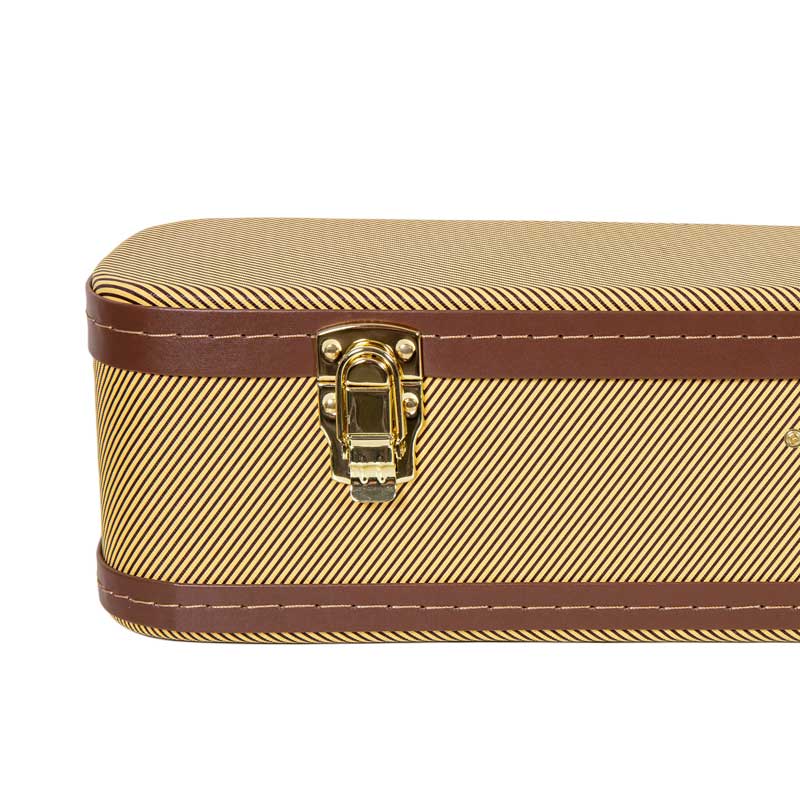 Crossrock CRW620-0012TW tweed wood parlor guitar case close-up of a gold latch and brown trim on the tweed exterior.