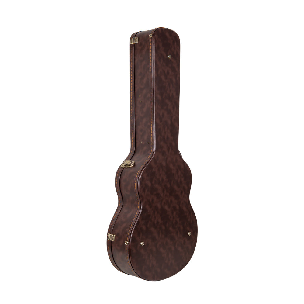 Crossrock CRW620JA17BR brown wood archtop jazz guitar case standing upright, viewed from the back edge.