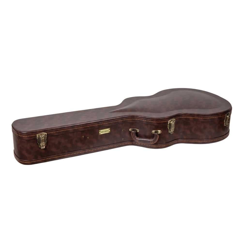 Crossrock CRW620JA17BR brown wood archtop jazz guitar case lying closed on its side, showing the latches and the handle.