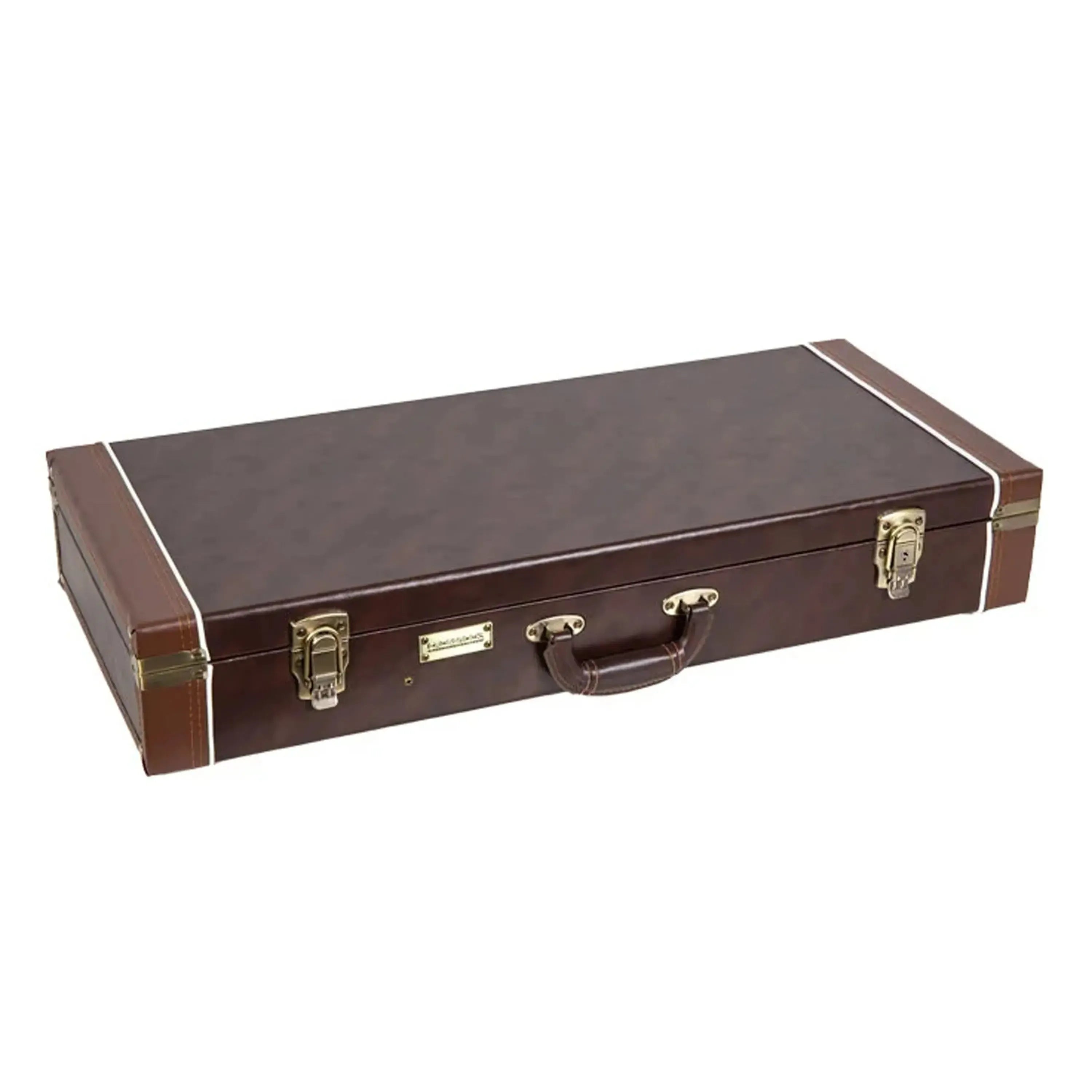 Crossrock CRW620MA-R A-Body rectangular mandolin case in brown with gold latches and white trim.