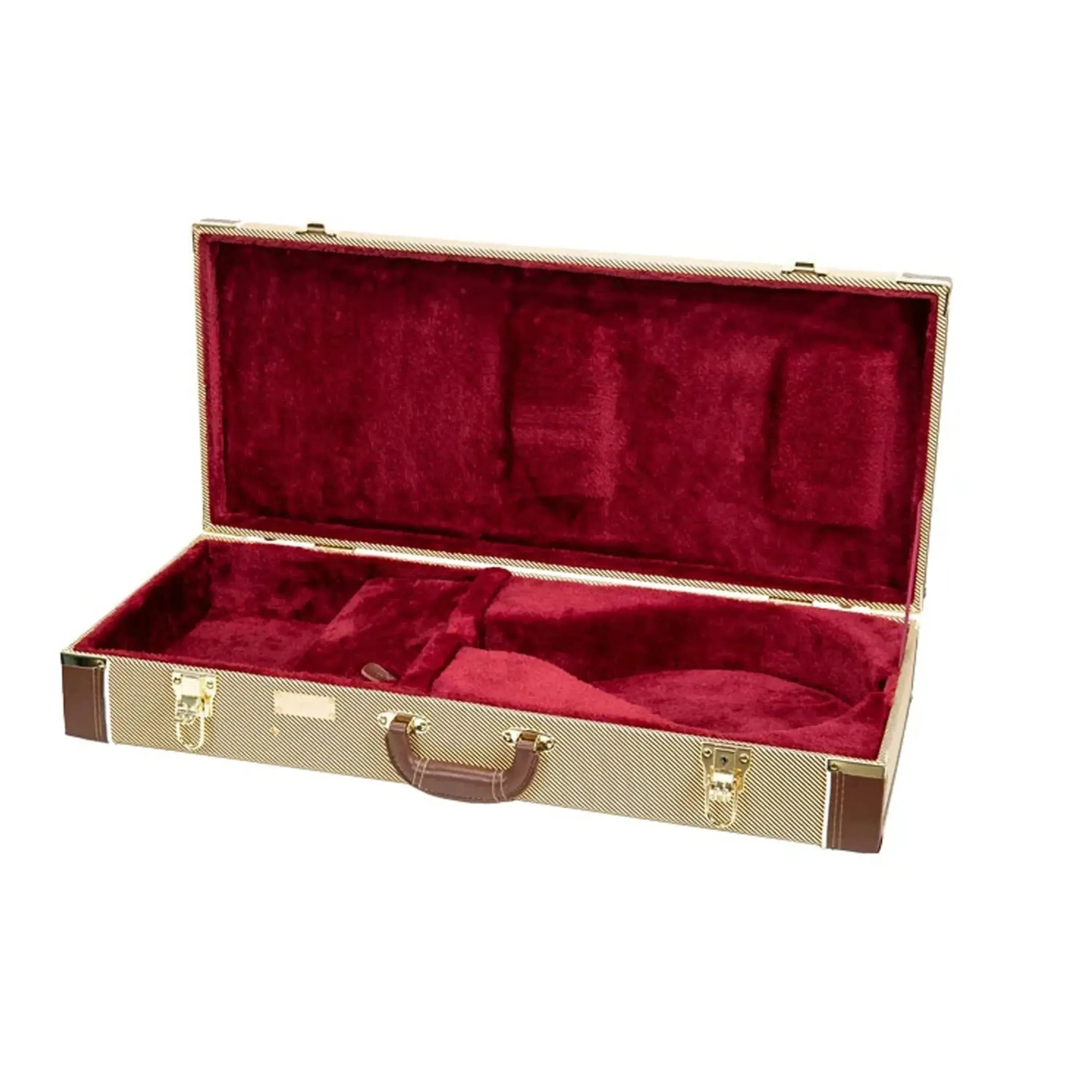 Crossrock CRW620MA-R A-Body rectangular mandolin case with tweed exterior and red plush interior.