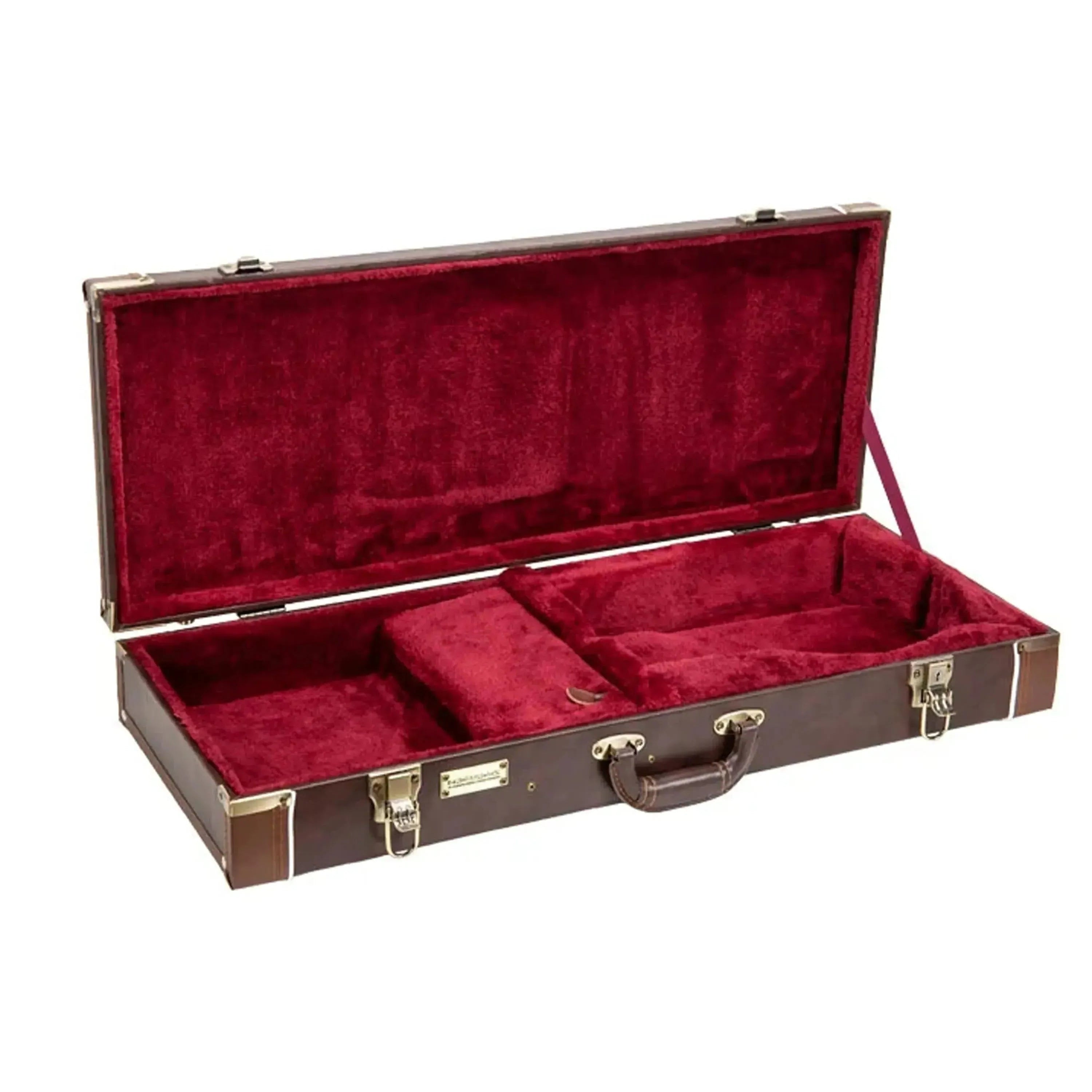 Open Crossrock F-Body rectangular mandolin case in brown with red plush interior and brass hardware.