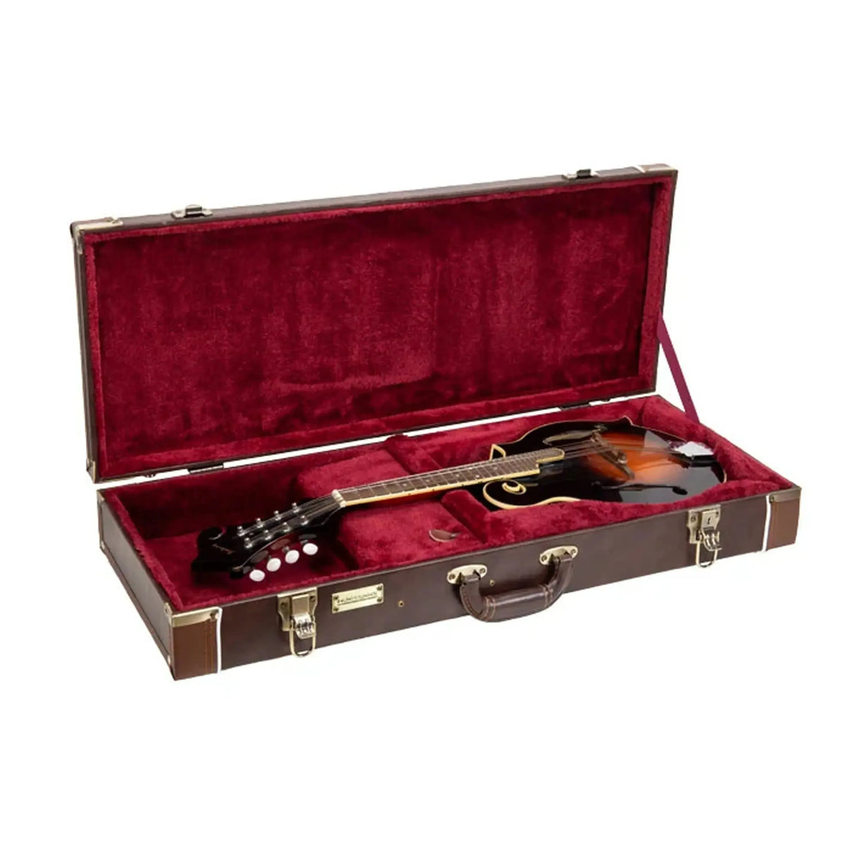Crossrock CRW620MF-R brown rectangular mandolin case, open with an F-style mandolin in red plush lining