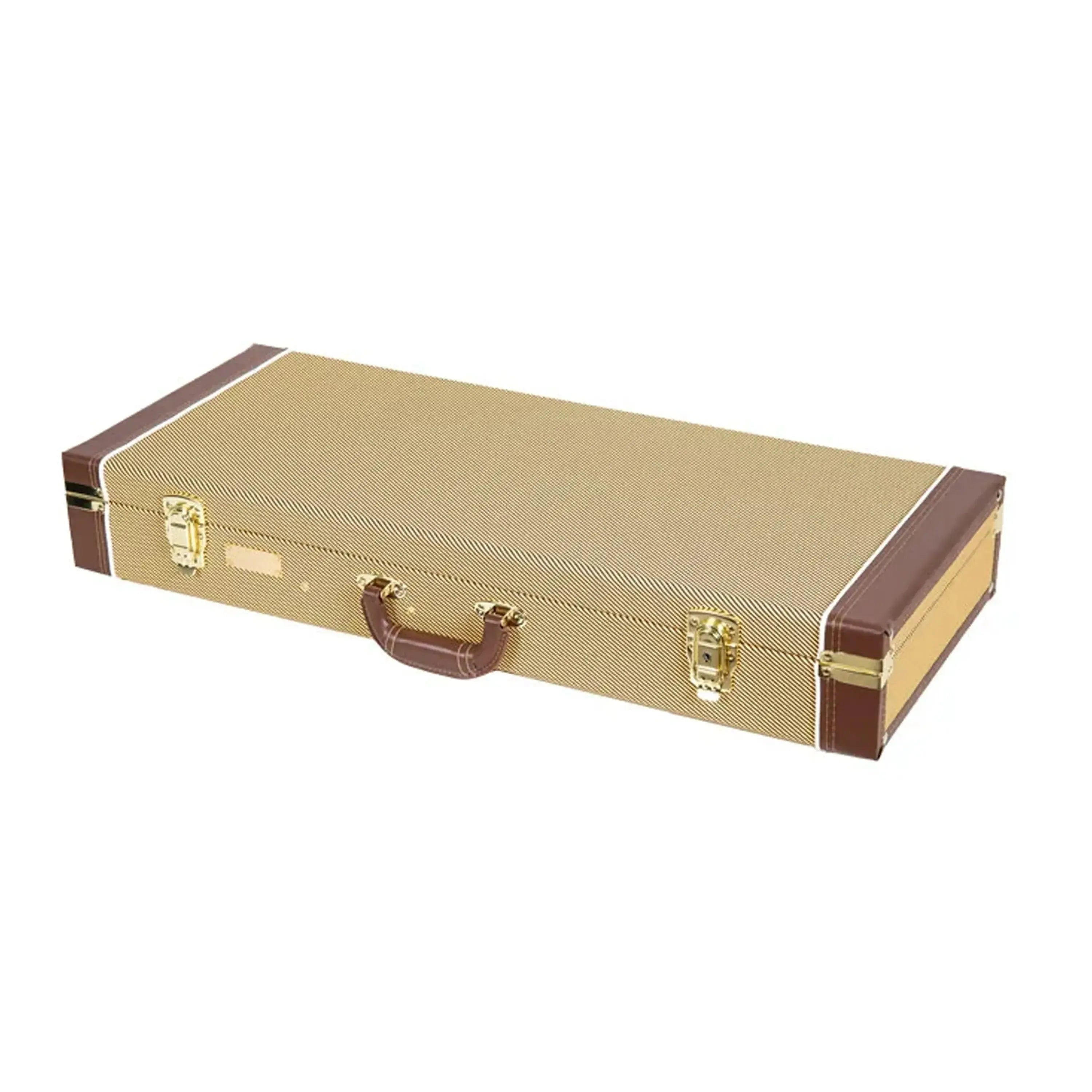 Crossrock F-Body mandolin case in tweed with brown leather trim and gold latches.