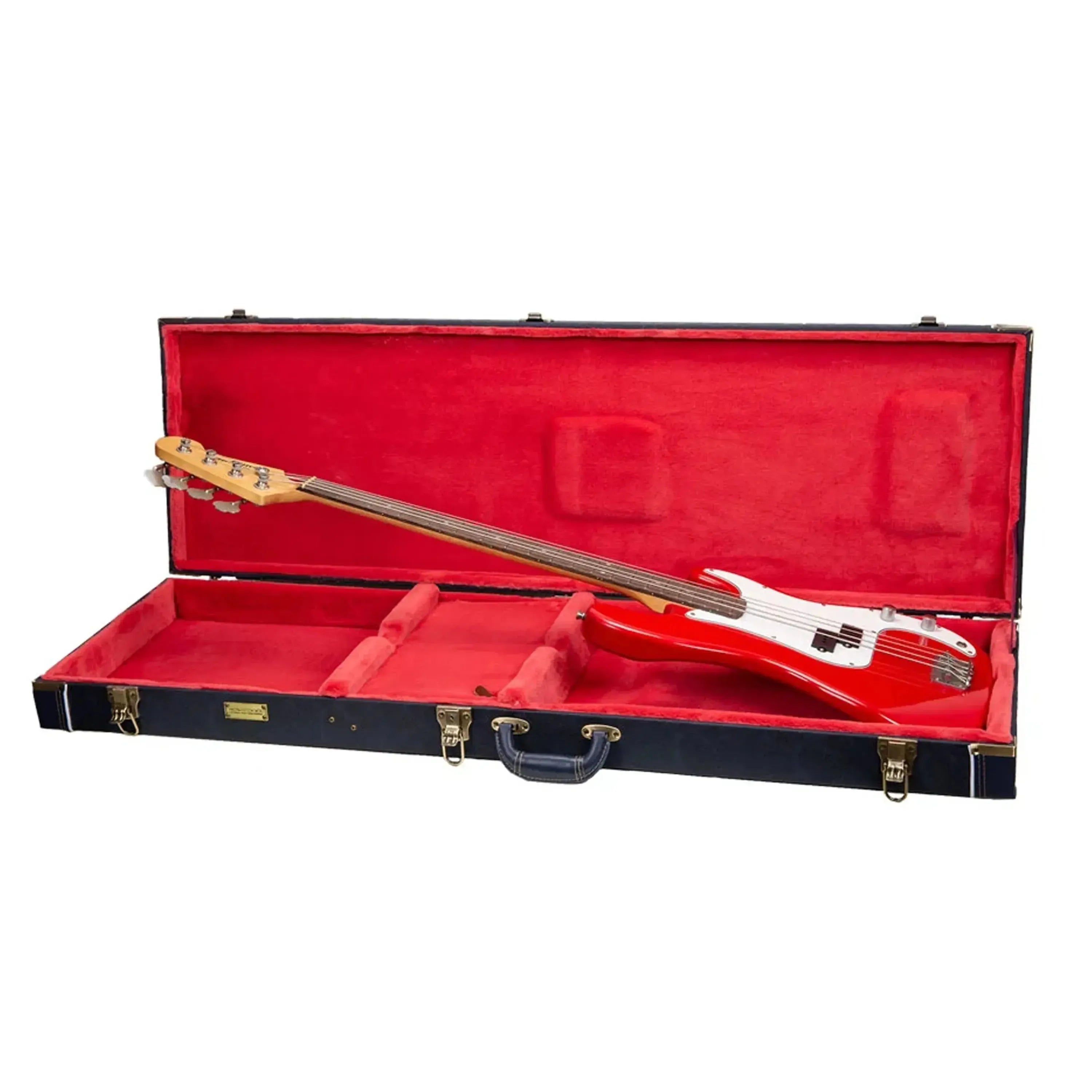 Crossrock CRW630B Ocean-Blue electric bass case with red plush interior, holding a red electric bass.