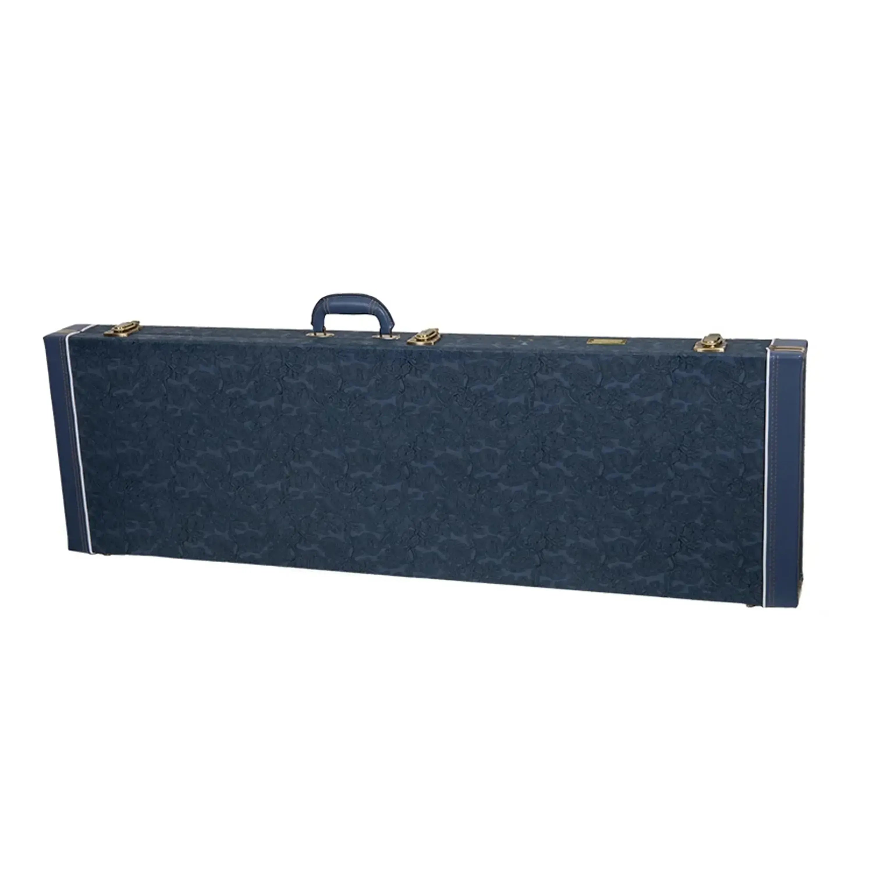 Crossrock CRW630B electric bass case in smoke-blue with gold latches and white trim.