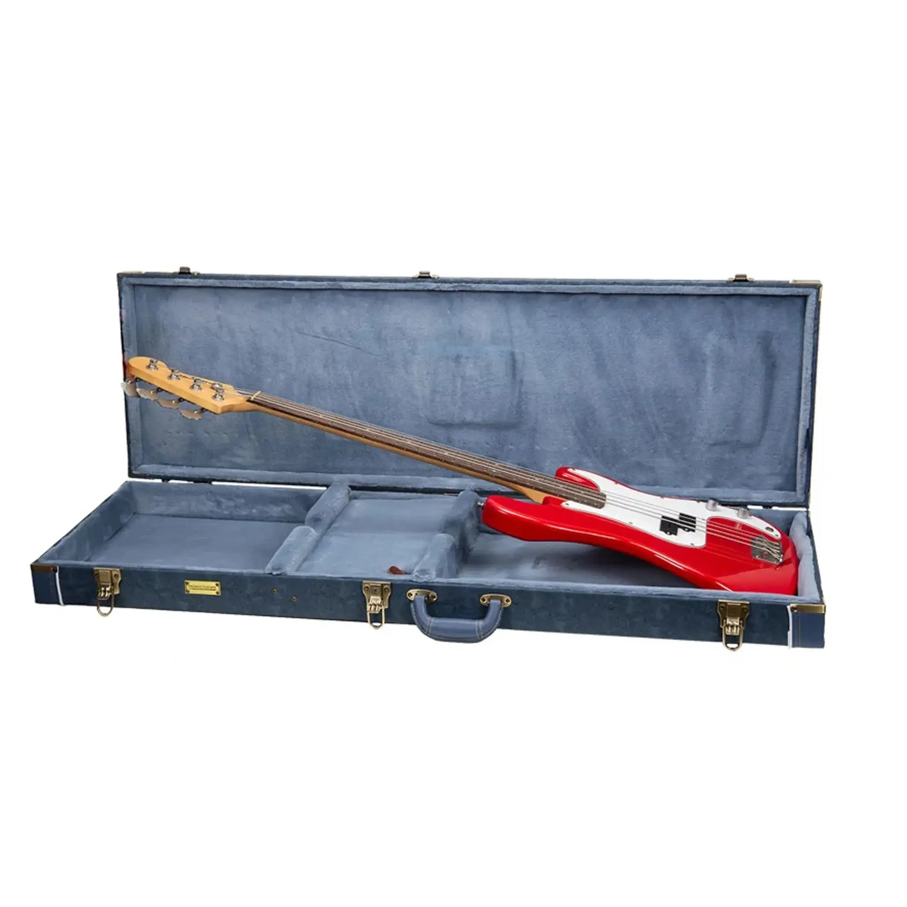 Crossrock CRW630B electric bass case in smoke-blue, open with a red bass guitar inside.