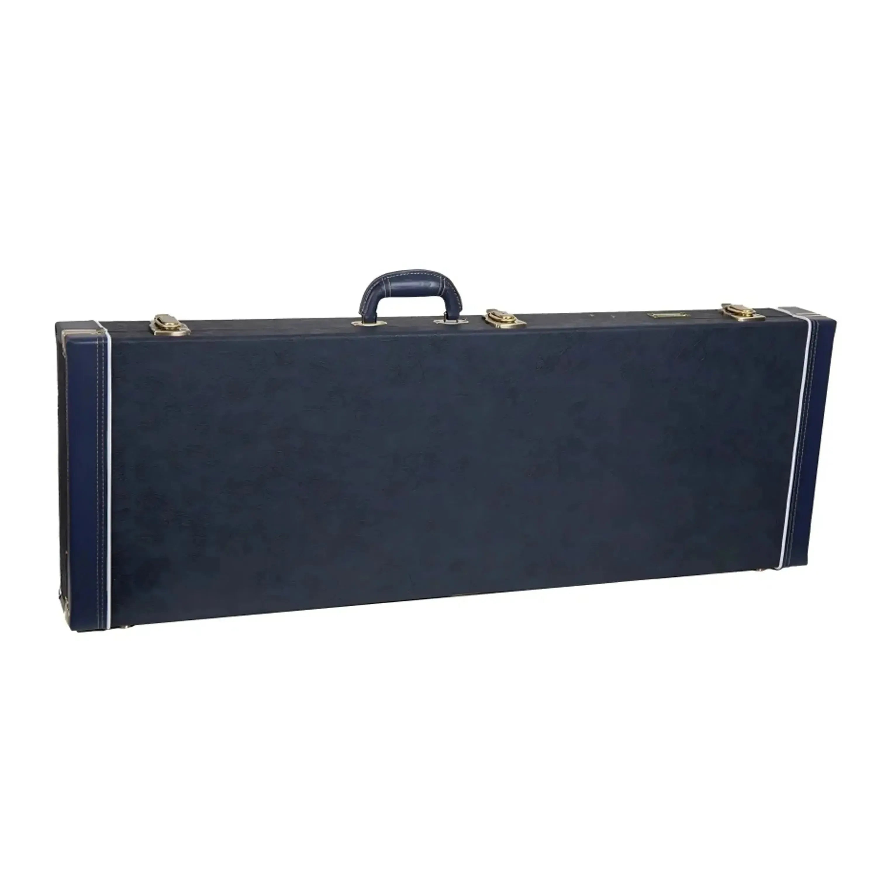 Crossrock CRW630E wooden electric guitar case in ocean-blue faux leather with gold latches and handle.