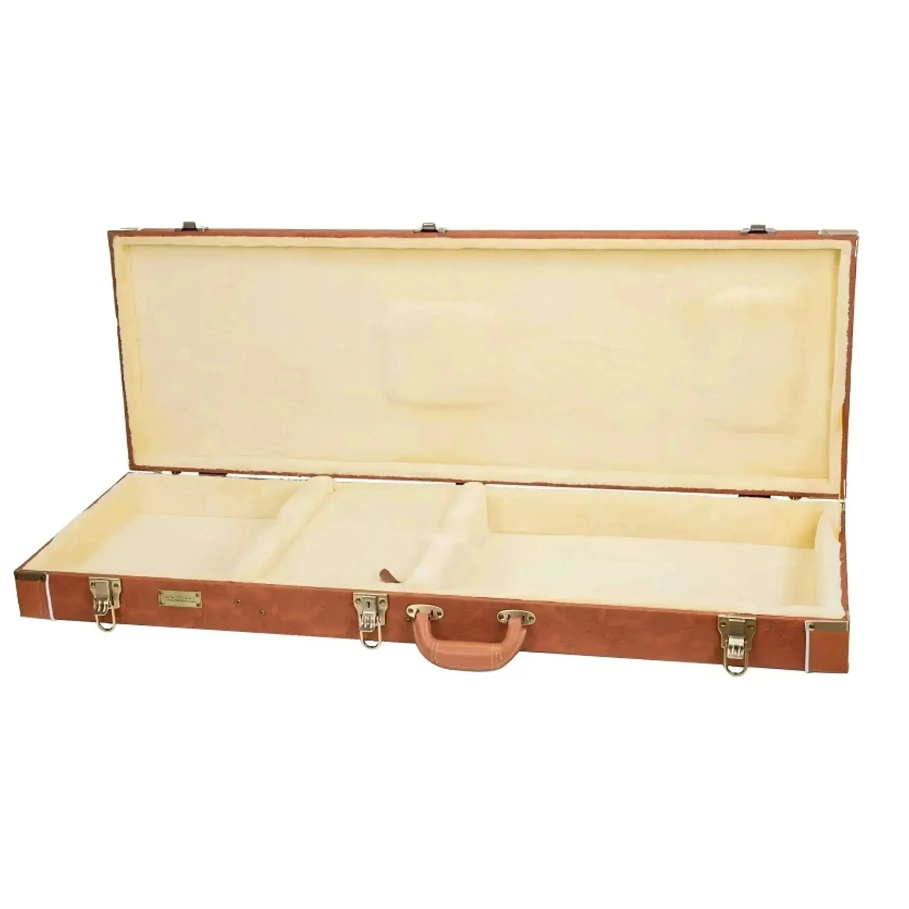 Open Crossrock CRW630E red-wood wooden electric guitar case with plush mink-style velvet lining.