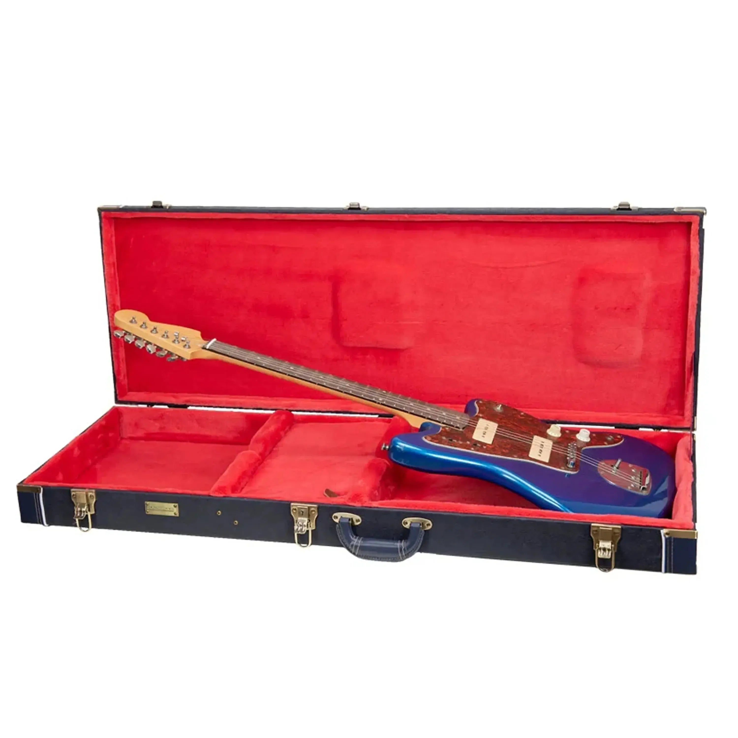 Ocean-blue Crossrock CRW630JM wooden Jazzmaster style electric guitar case with red plush interior.