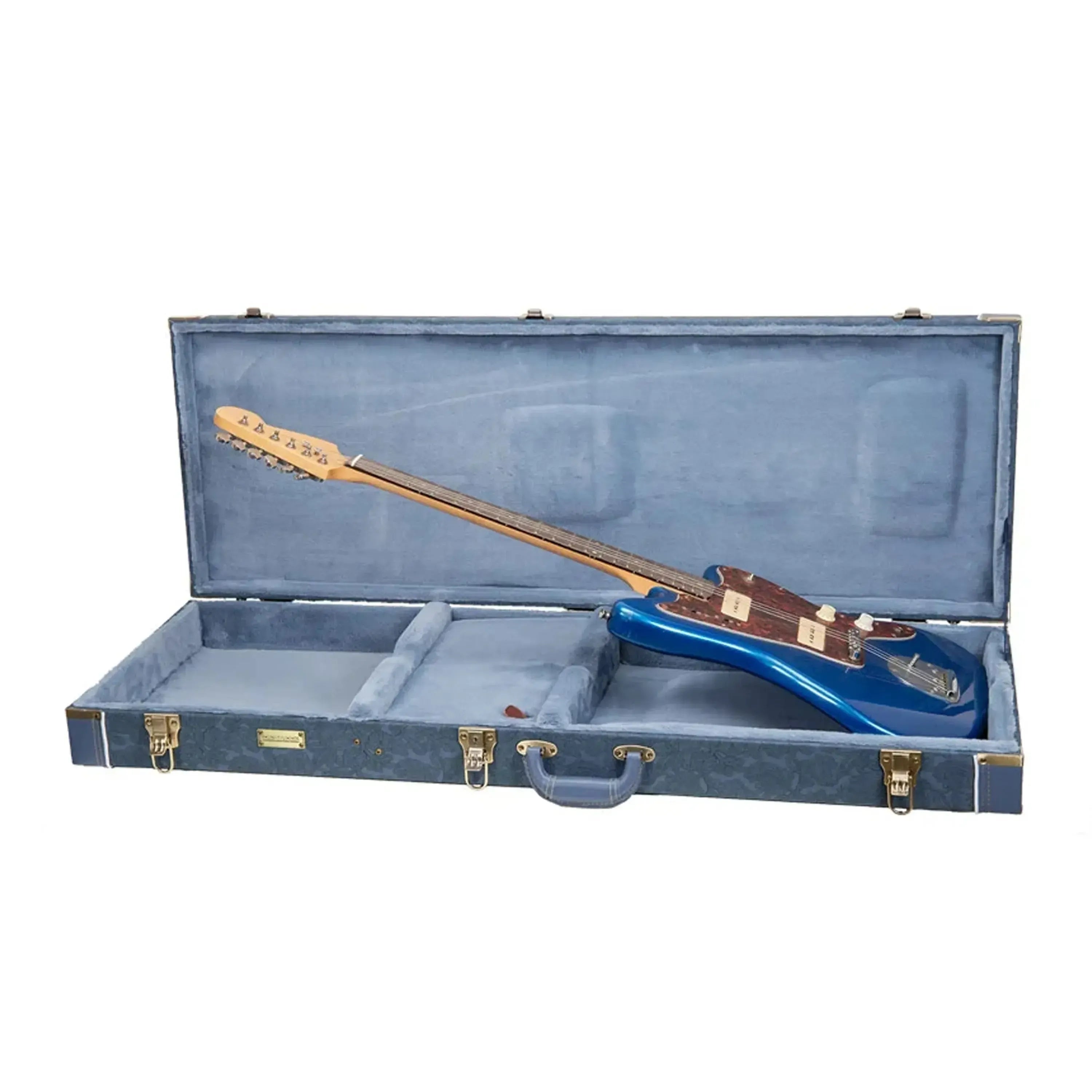 Crossrock CRW630JM wooden Jazzmaster style electric guitar case in smoke-blue with a blue guitar inside.