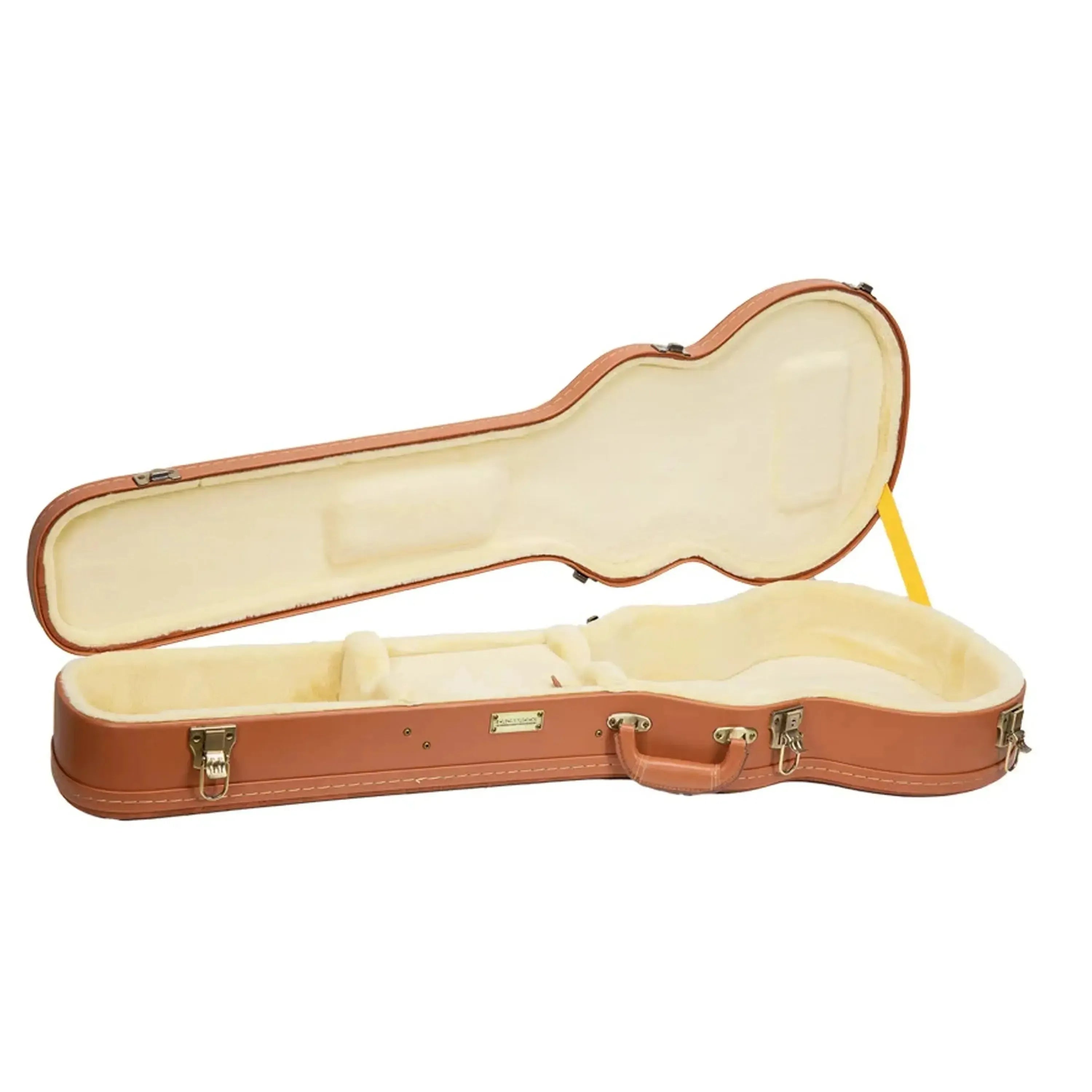 Crossrock CRW630L Les Paul electric guitar case, open, showing plush cream interior and brown faux leather exterior.