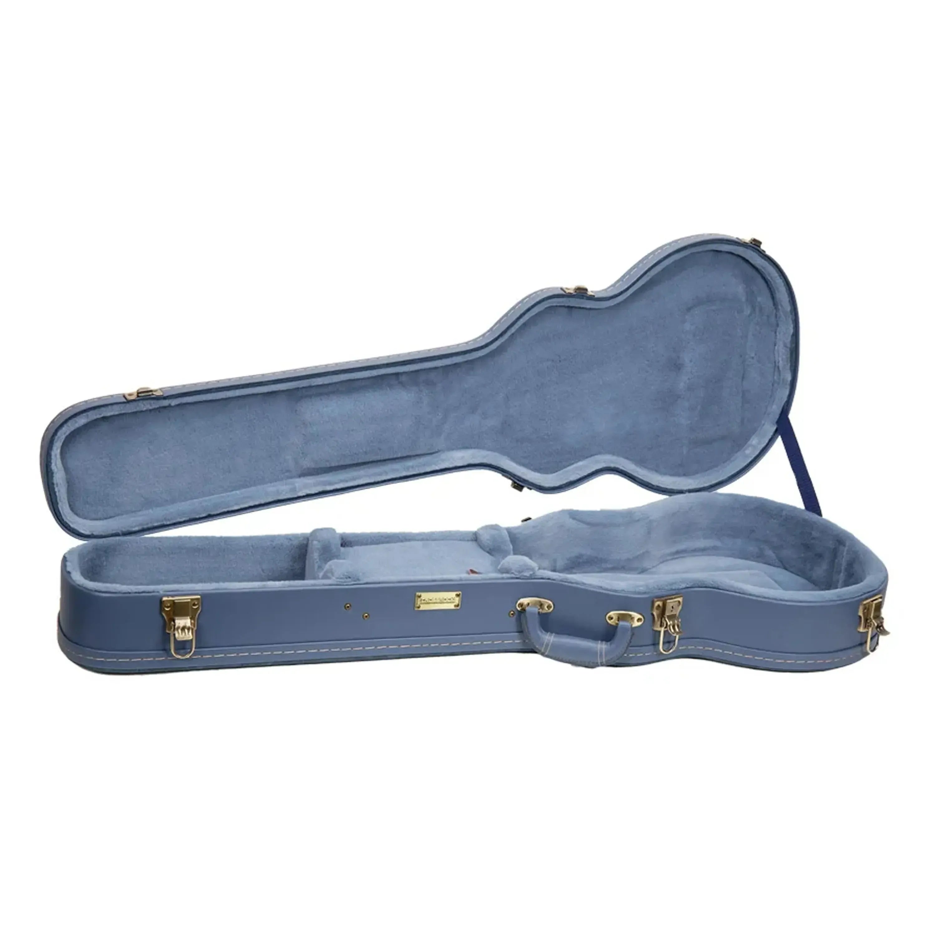 Crossrock CRW630L Les Paul electric guitar case in smoke-blue, open with plush interior.