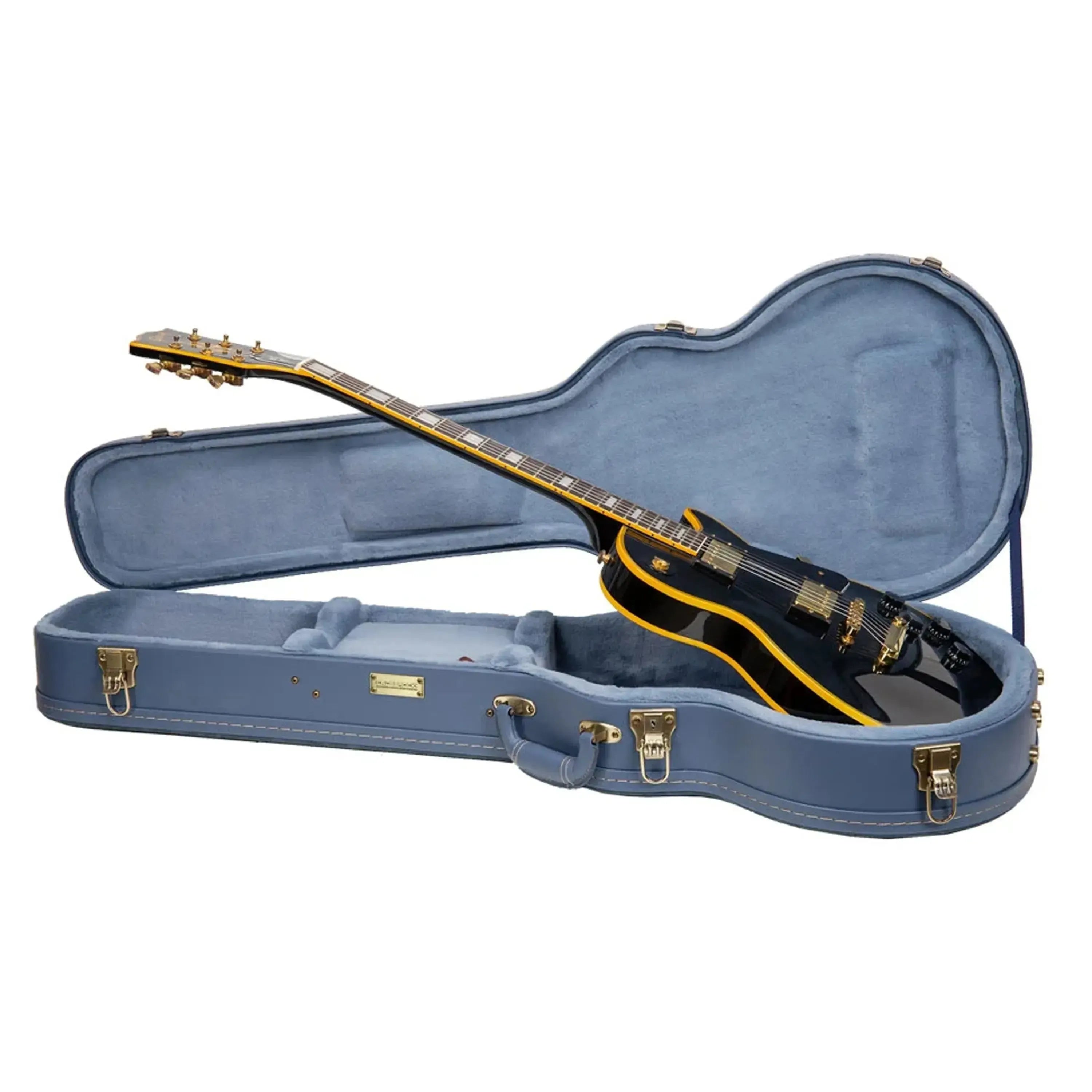 Crossrock CRW630L Les Paul electric guitar case in smoke-blue with a black Les Paul guitar inside.