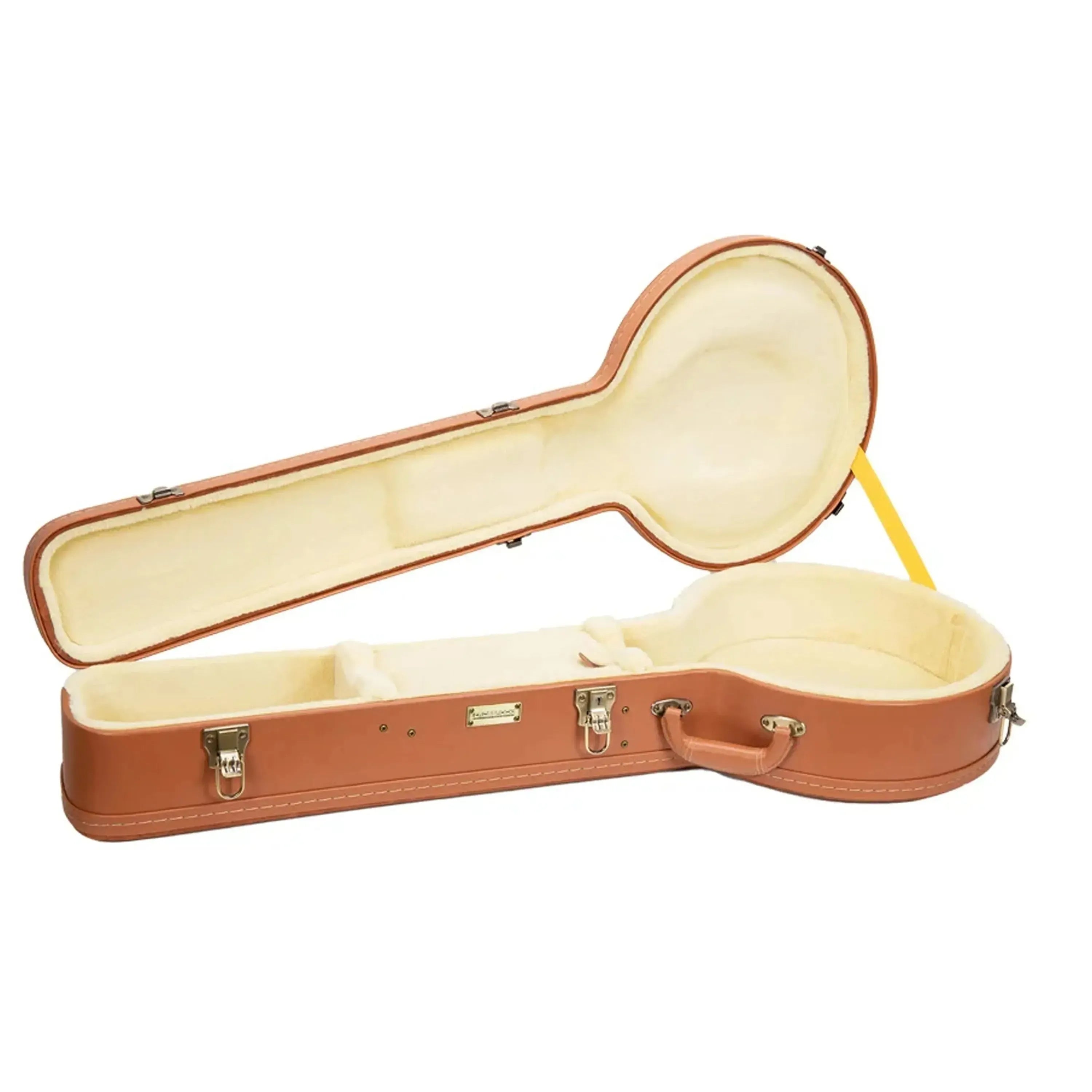 Crossrock CRW630OBJ Red-Wood banjo case, open, with cream plush interior.