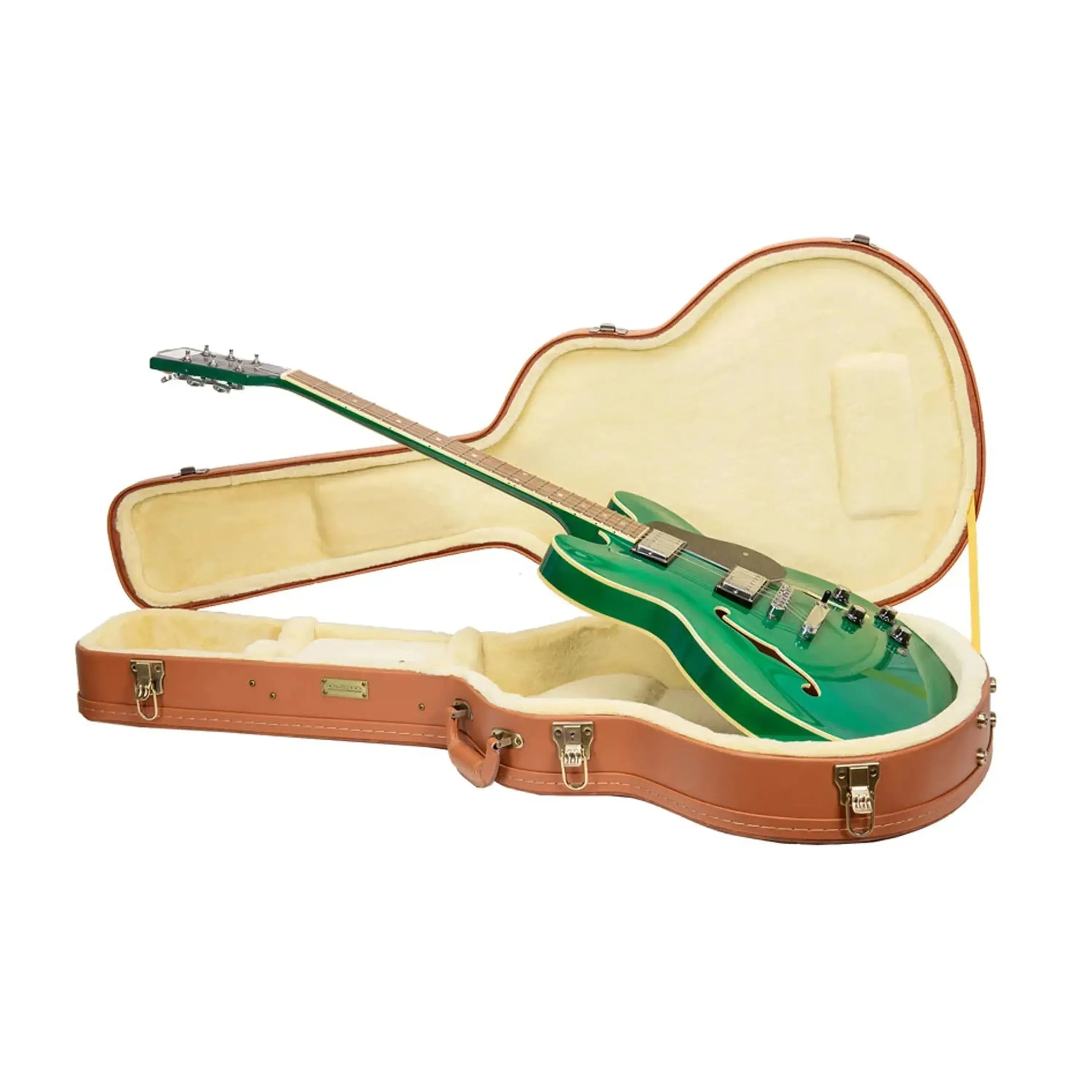 Green semi-hollow electric guitar in an open Crossrock brown wooden case with cream interior.
