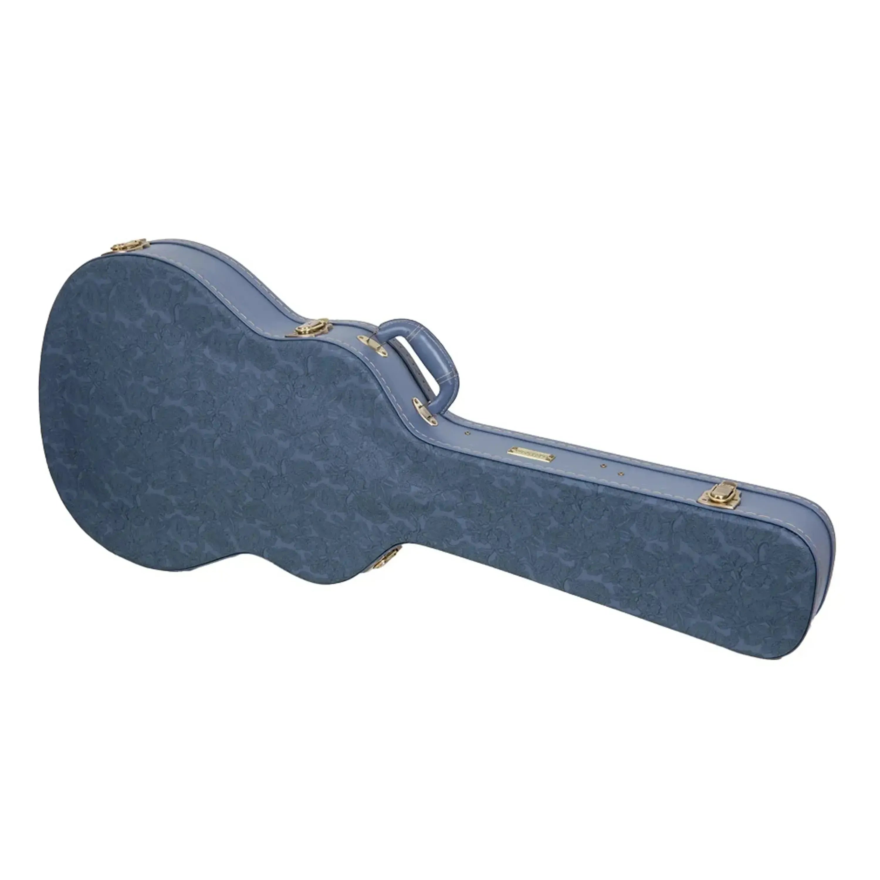 Crossrock CRW630SA smoke-blue wooden semi-hollow electric guitar case with gold latches.