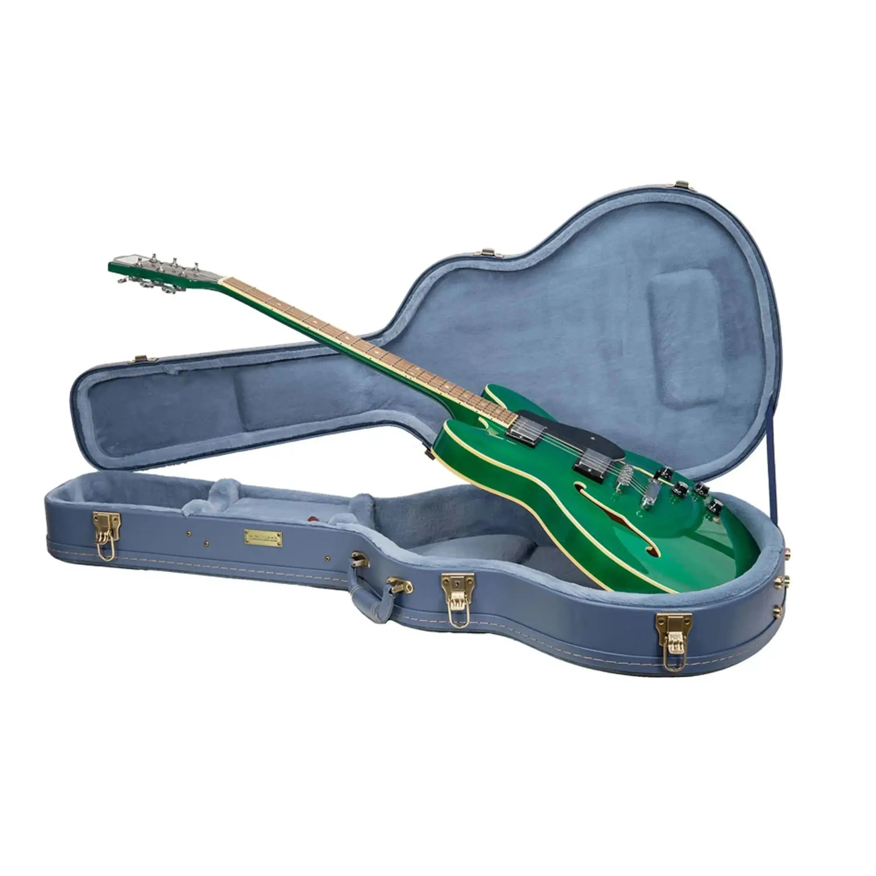 Crossrock CRW630SA wooden semi-hollow electric guitar case in smoke-blue with a green guitar inside.