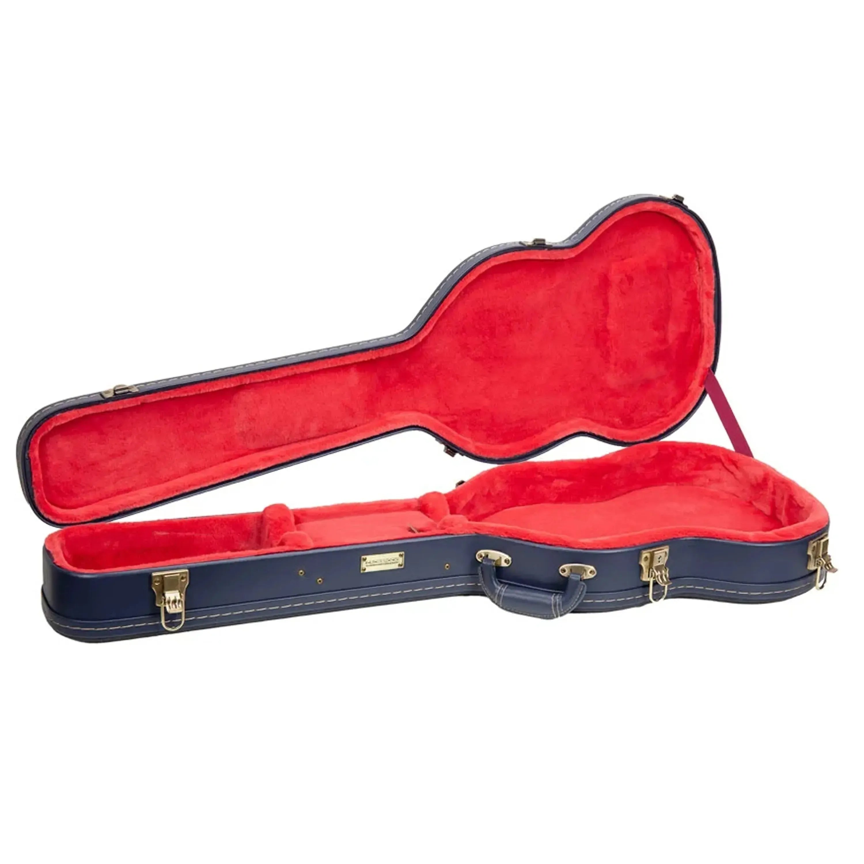 Crossrock CRW630SG SG electric guitar case, open, showing ocean-blue exterior and red plush interior.