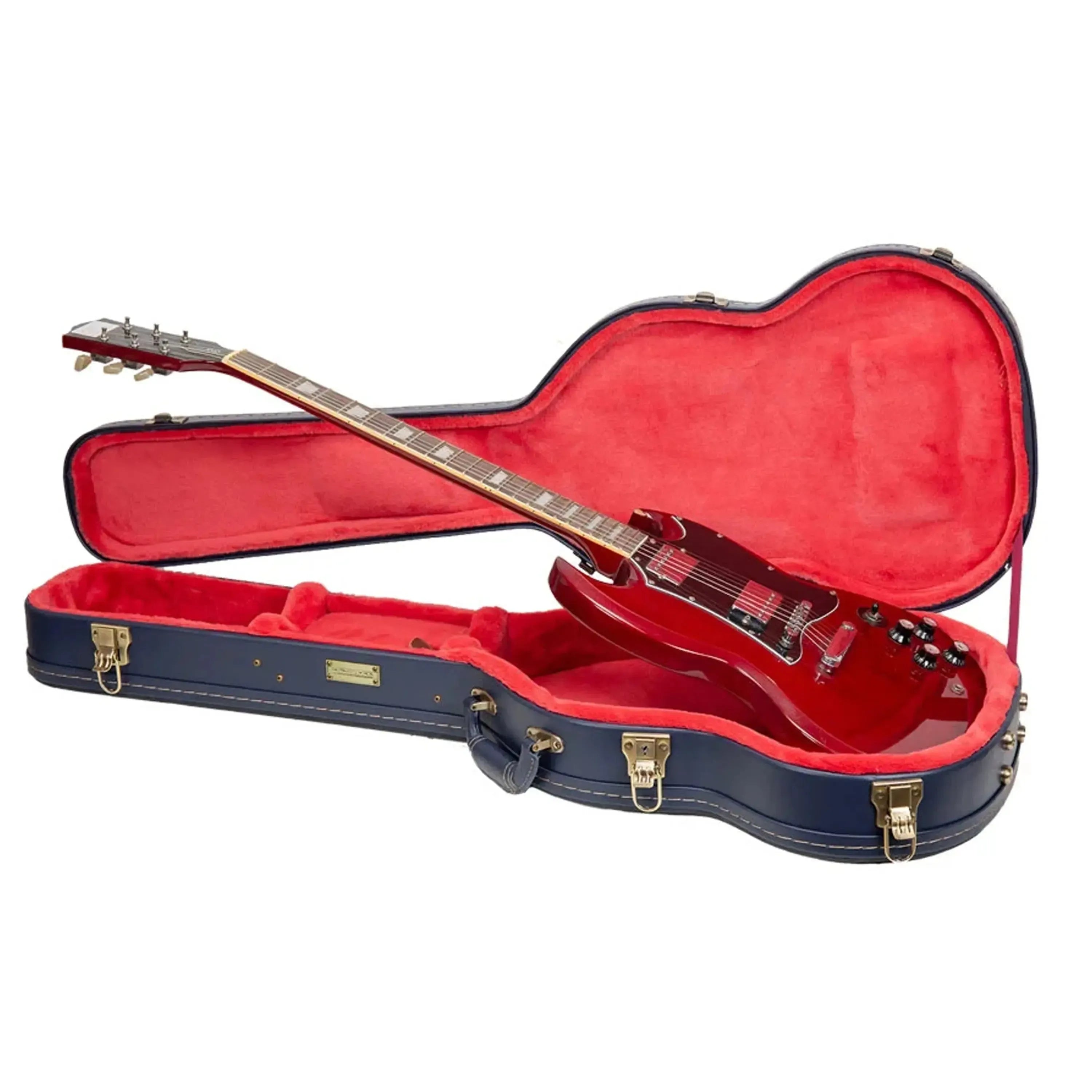 Red SG electric guitar in an open Crossrock Ocean-Blue hard case with red plush interior.
