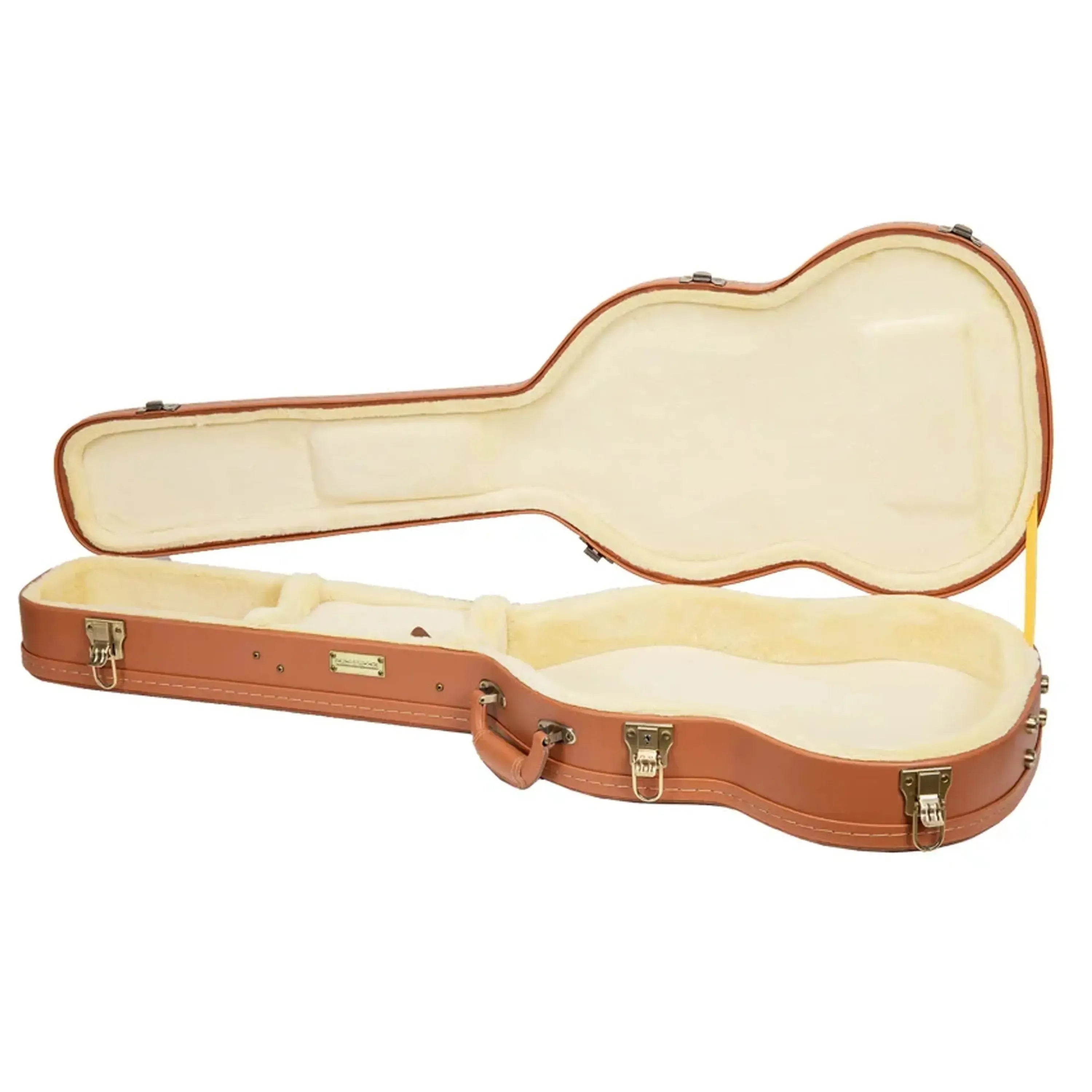 Crossrock CRW630SG SG electric guitar case, open, showing its brown exterior and plush cream interior.