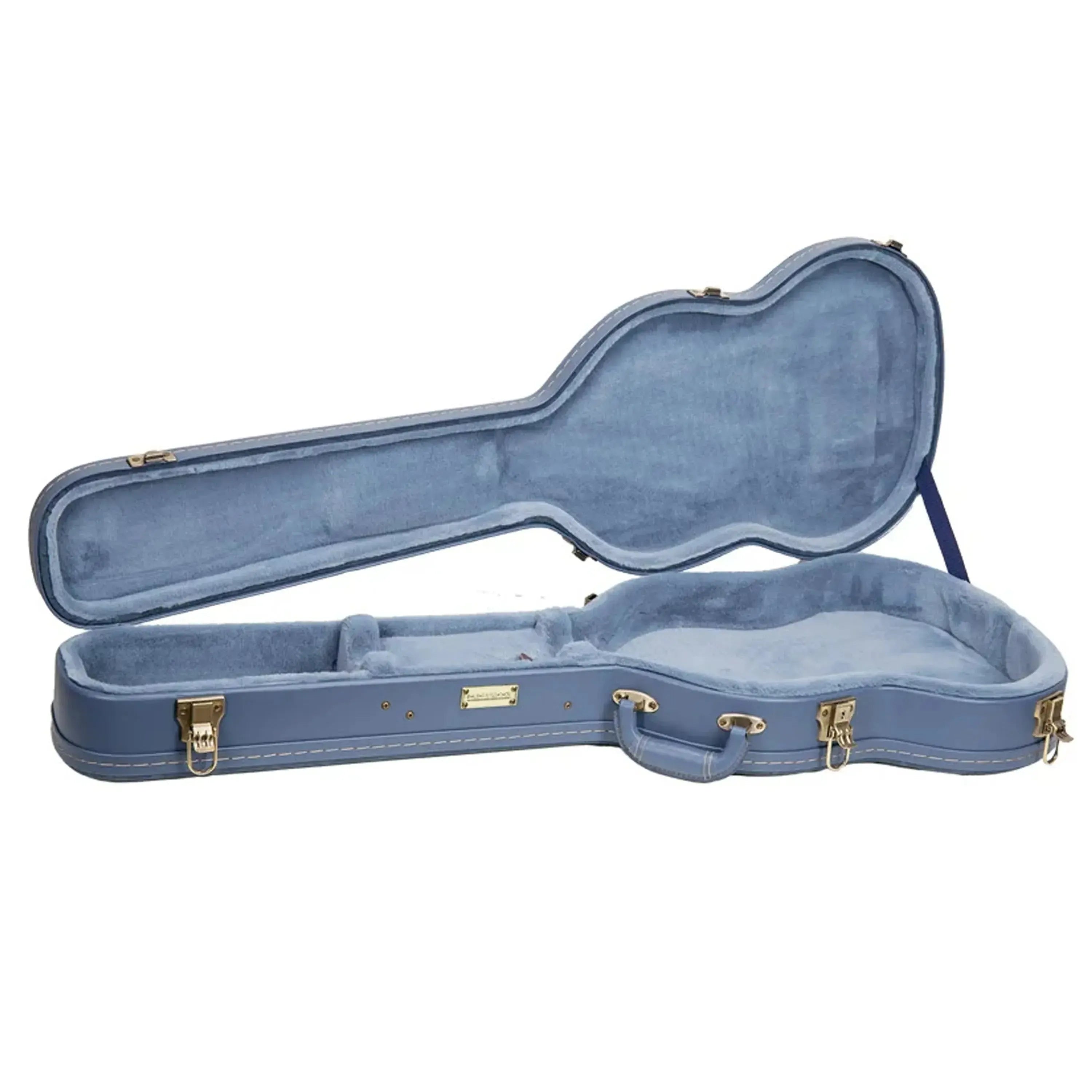 Crossrock CRW630SG SG Electric Guitar Case in smoke-blue, open with plush interior.