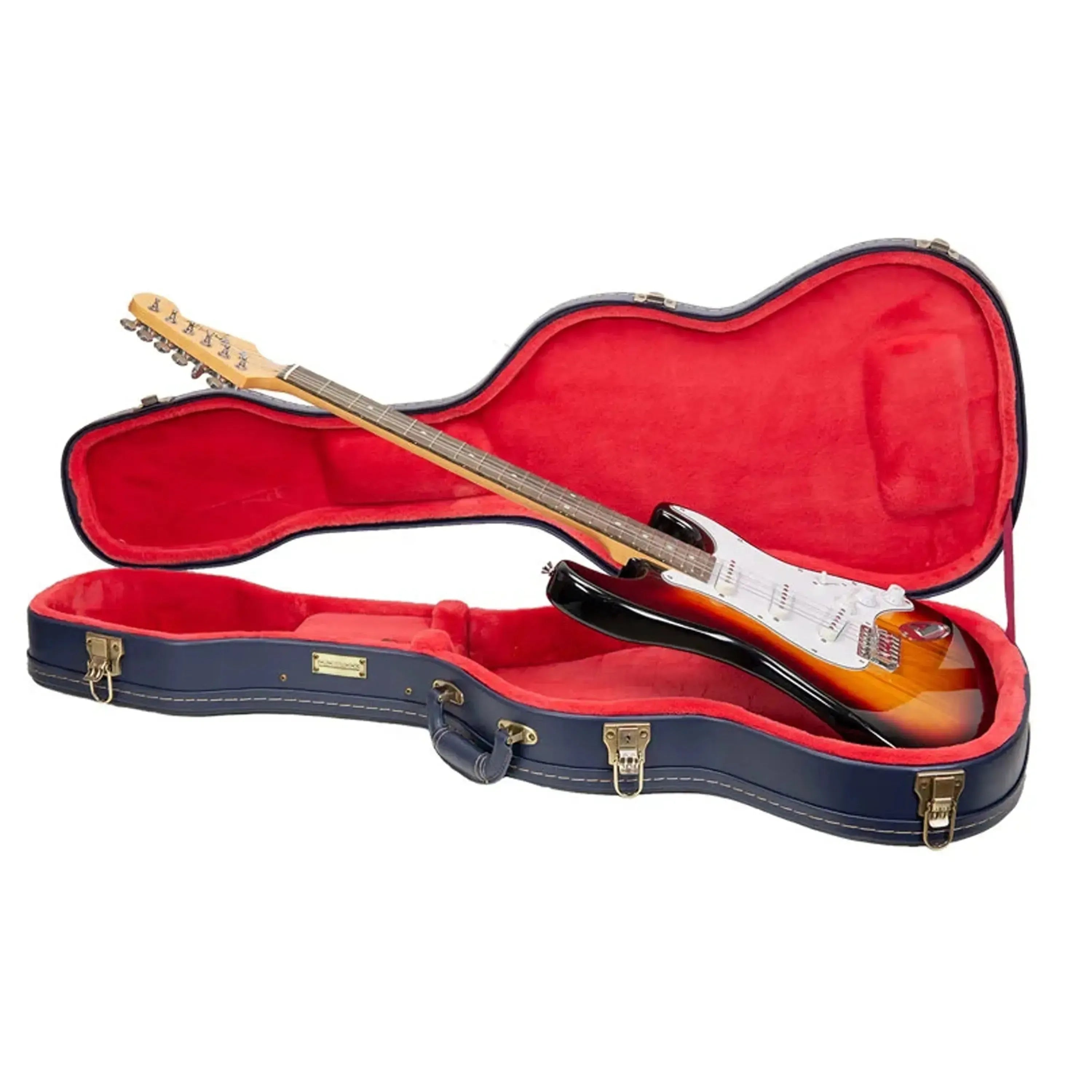 Crossrock CRW630ST Ocean-Blue electric guitar case with red velvet interior, holding a sunburst Stratocaster.