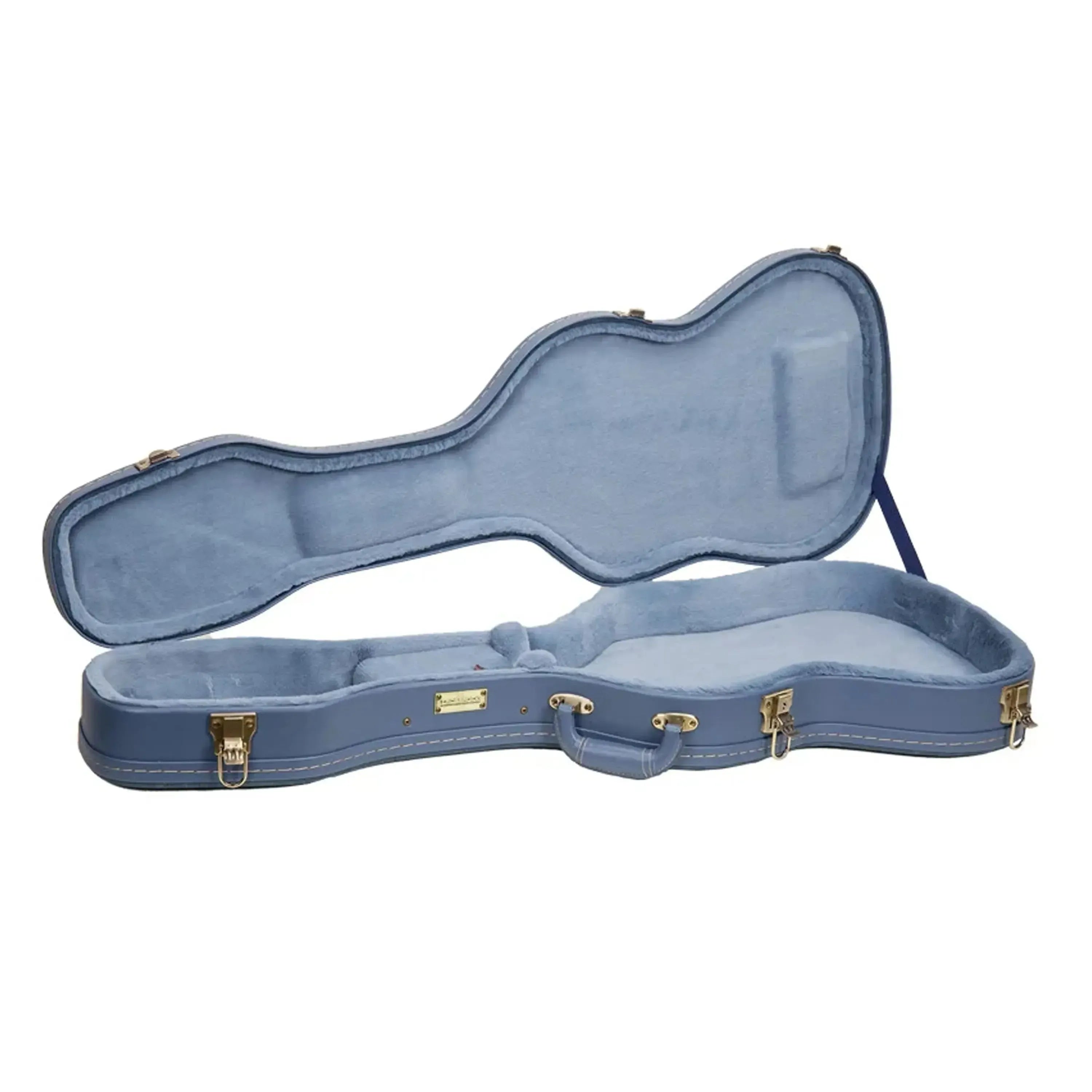 Crossrock CRW630ST smoke-blue wood solid body electric guitar case, open with plush blue interior.