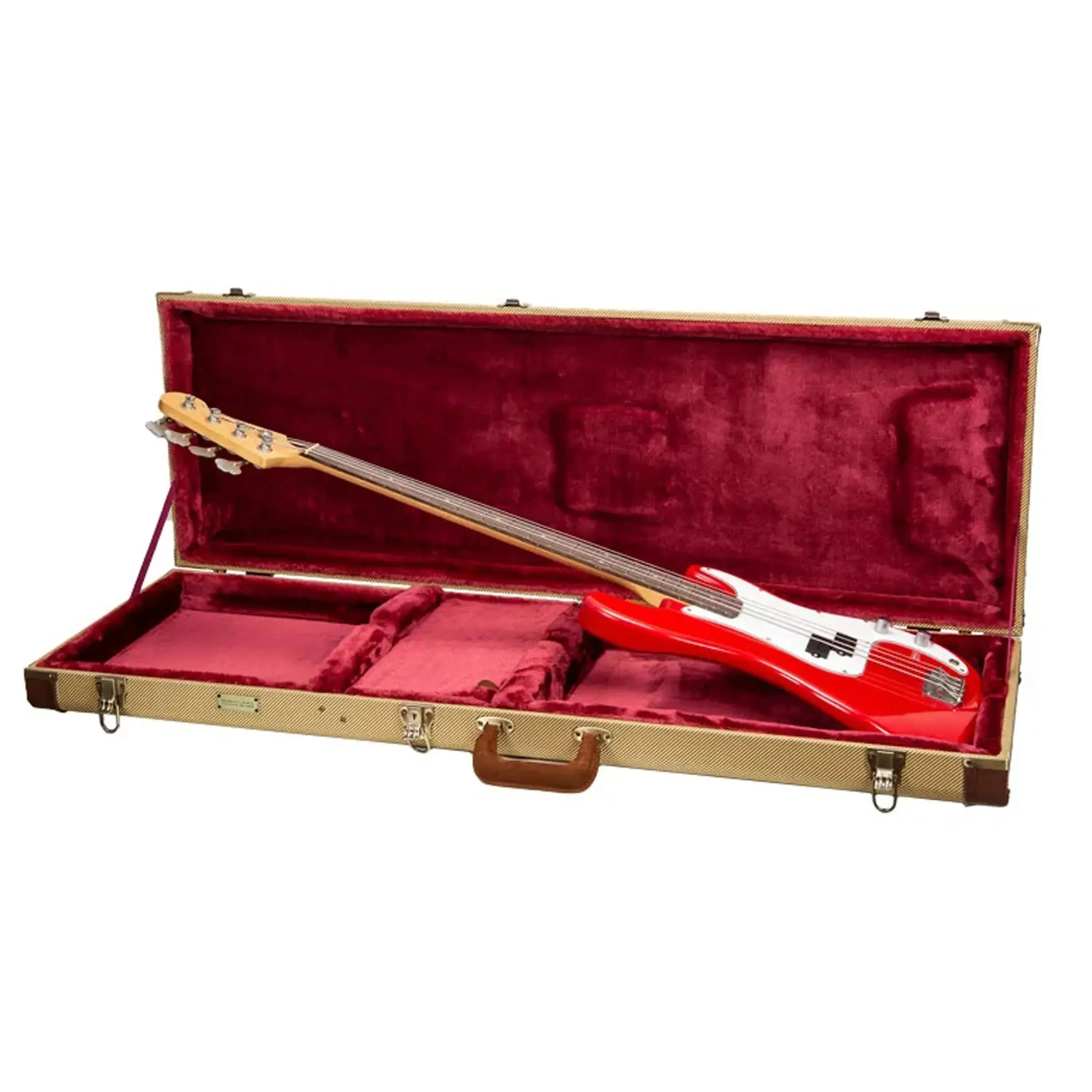 Crossrock CRW720B electric bass case with fabric-tweed exterior, red plush interior, and a red bass guitar.