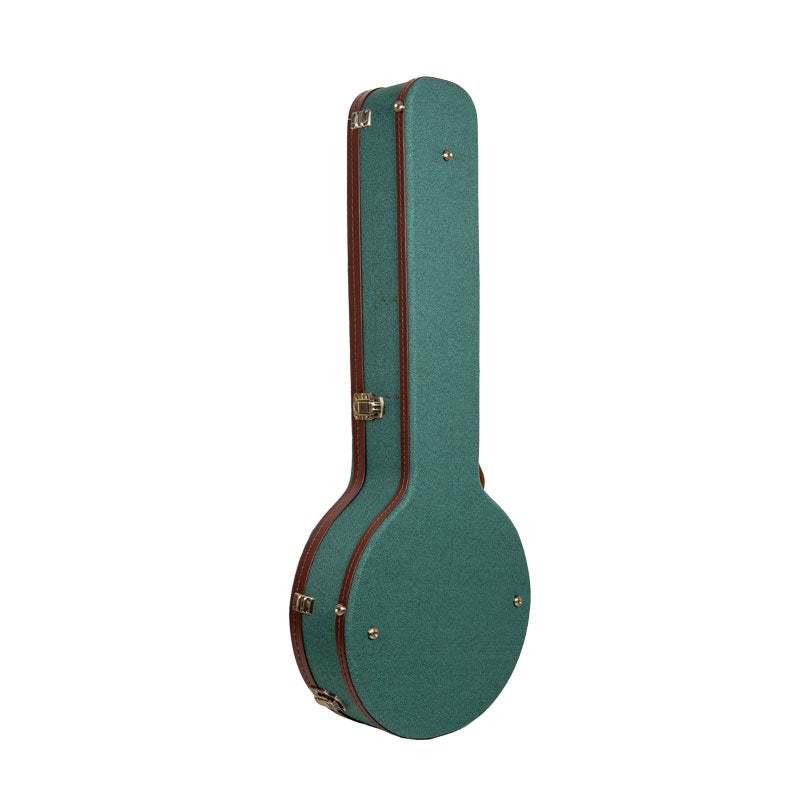 Crossrock CRW720BJMB malachite blue Master Series wood resonator banjo case standing upright, closed, with brown trim.