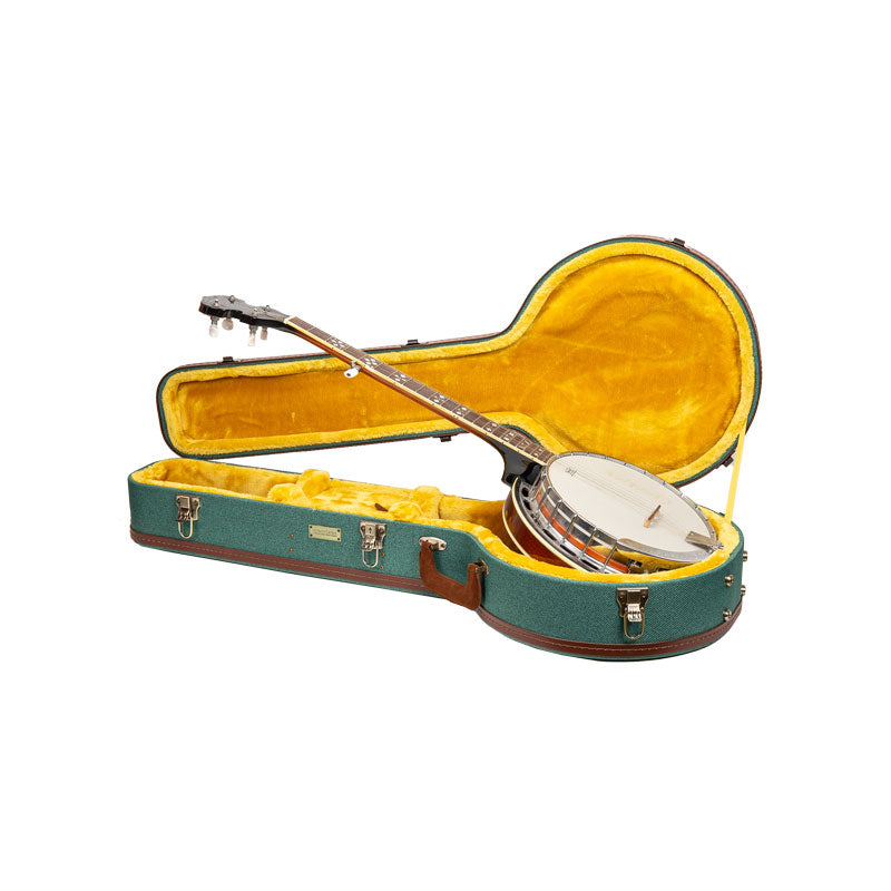 Crossrock CRW720BJMB malachite blue Master Series wood resonator banjo case open with a 5-string resonator banjo resting in the gold plush lining.