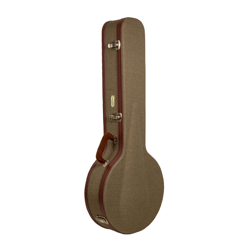 Crossrock CRW720BJOG olive green Master Series wood resonator banjo case standing upright, closed, with brown trim and leather handle.