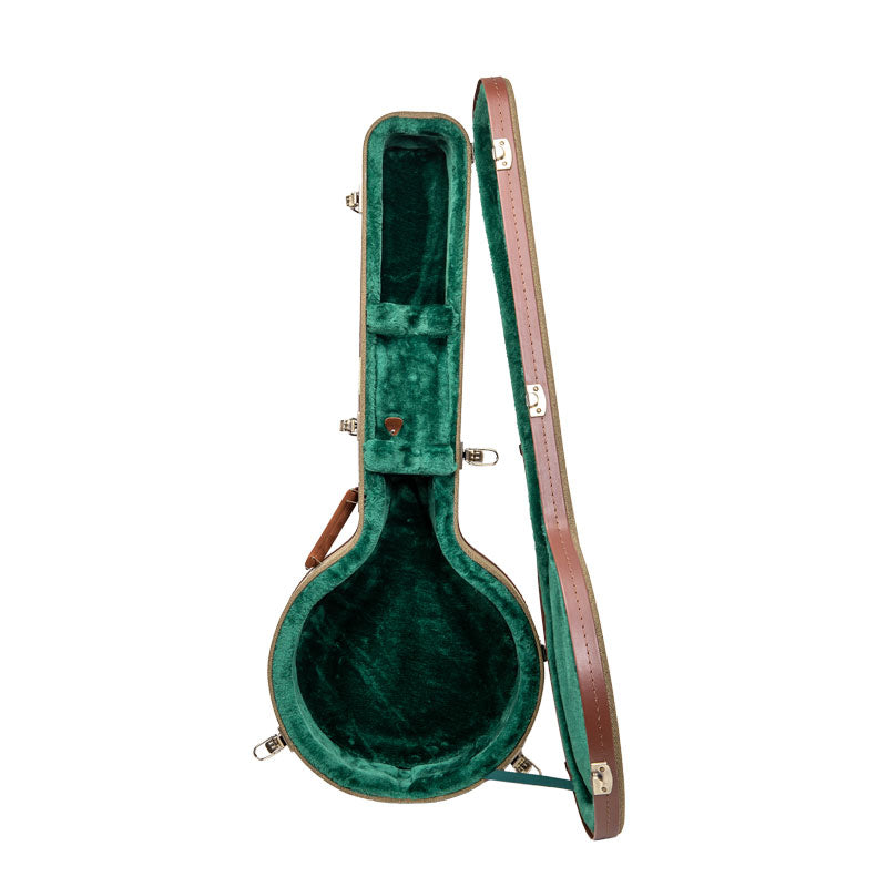 Crossrock CRW720BJOG olive green Master Series wood resonator banjo case standing open, showing the forest green plush lid and body cavity.