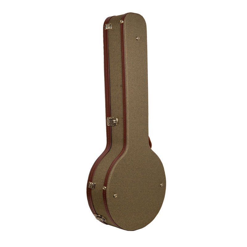 Crossrock CRW720BJOG olive green Master Series wood resonator banjo case standing upright, viewed from the back edge.