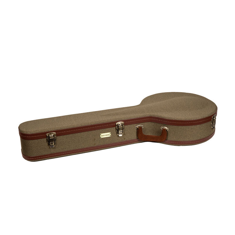 Crossrock CRW720BJOG olive green Master Series wood resonator banjo case lying closed on its side, showing the latches, nameplate, and handle.
