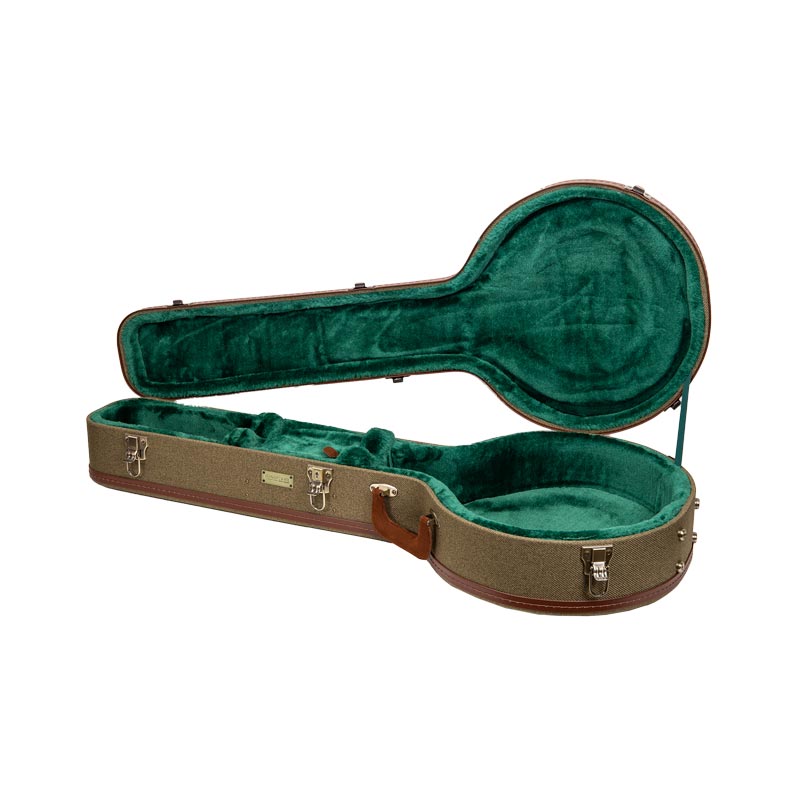Crossrock CRW720BJOG olive green Master Series wood resonator banjo case open, showing the forest green plush interior.