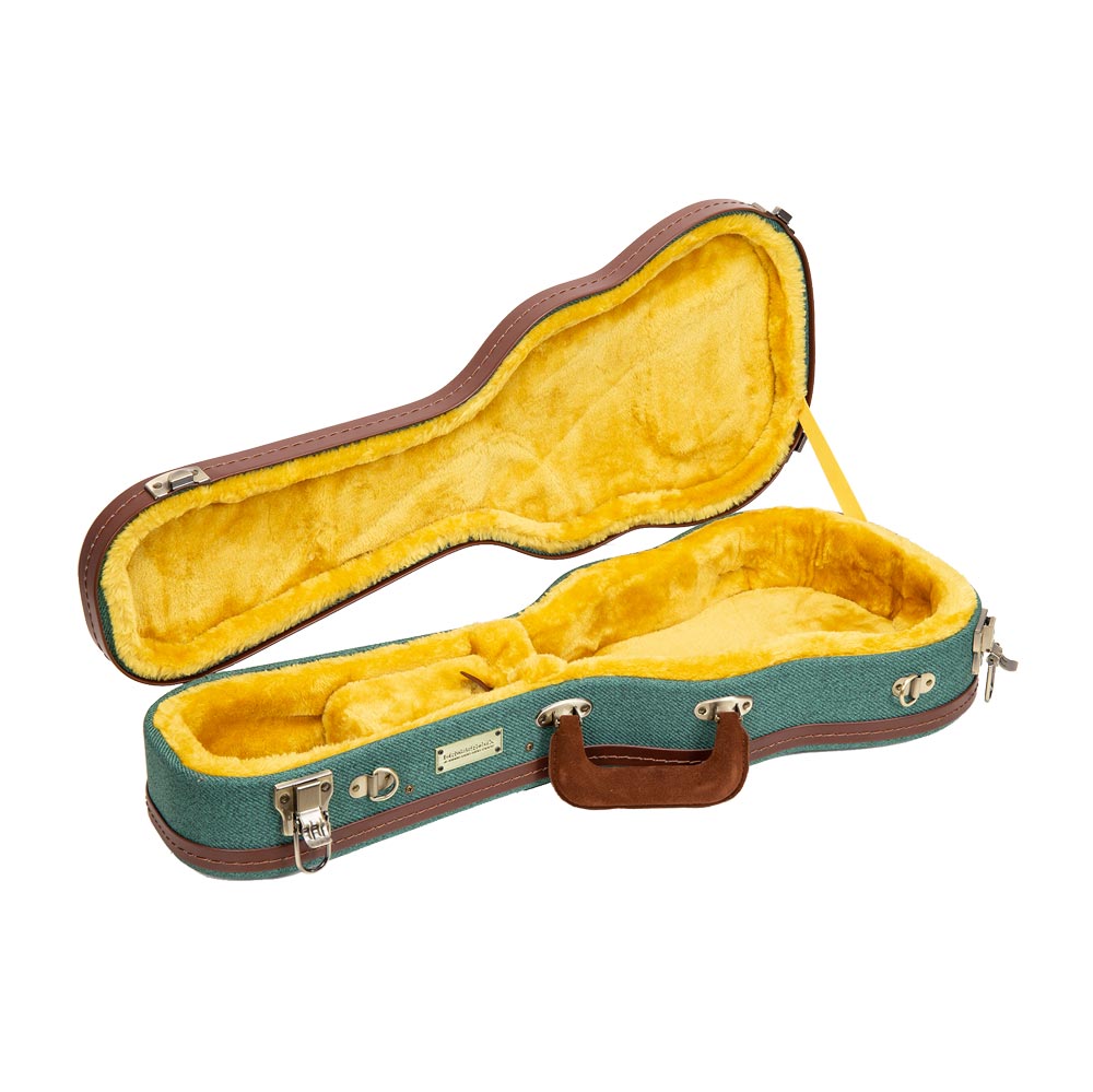 Crossrock CRW720CUMB malachite blue Master Series wood concert ukulele case open, showing the gold plush interior.