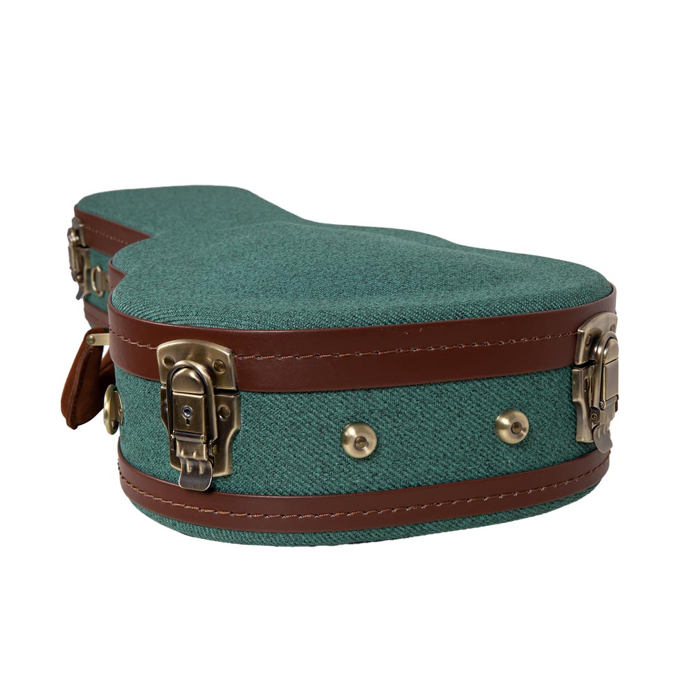 Crossrock CRW720CUMB malachite blue Master Series wood concert ukulele case lower bout close-up showing latches and foot studs on the malachite blue tweed.