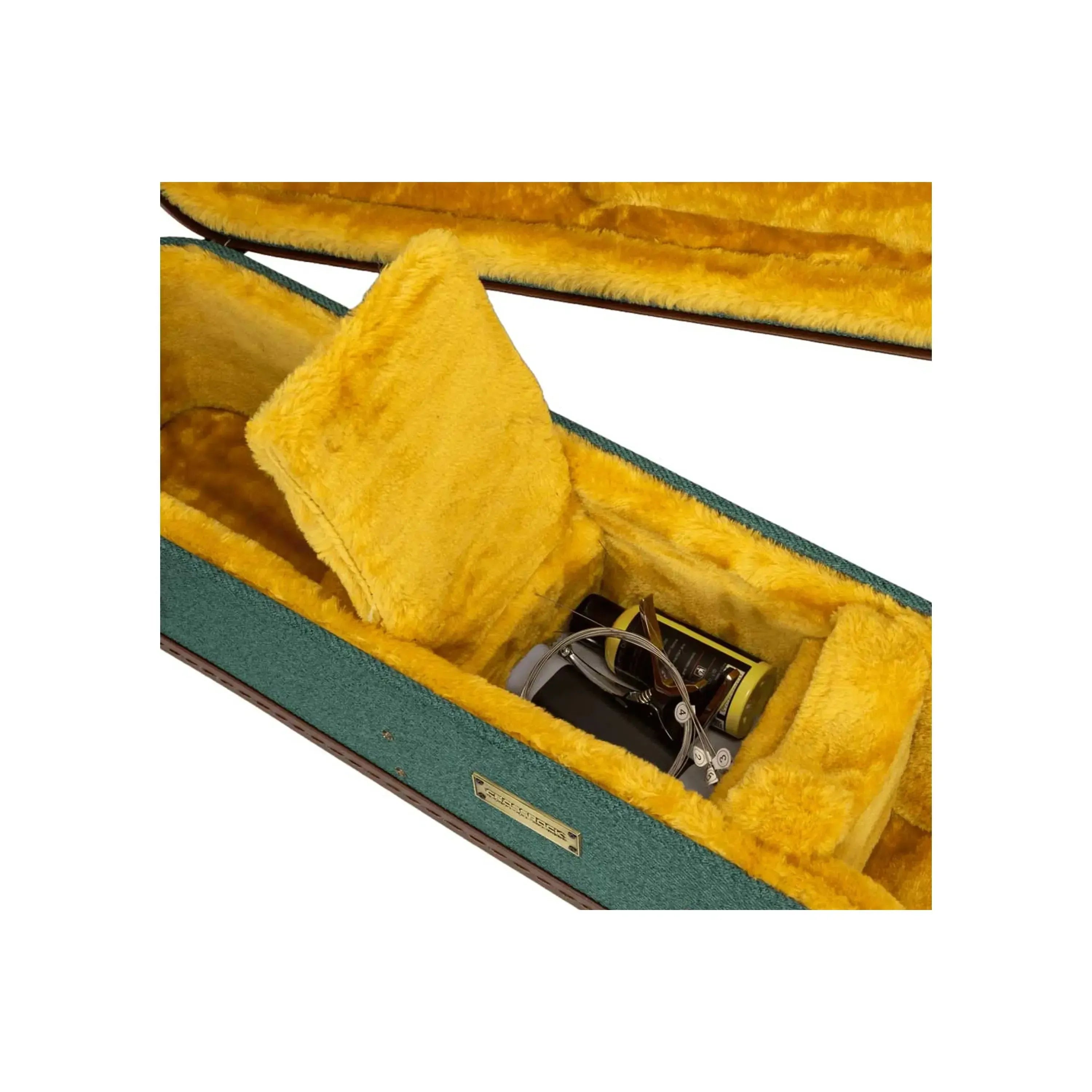 Crossrock Wood Master Series dreadnought guitar case, malachite-blue exterior, plush yellow interior.
