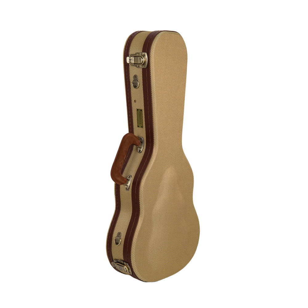 Crossrock CRW720TUFT fabric tweed Master Series wood tenor ukulele case standing upright, closed, with brown trim and leather handle.