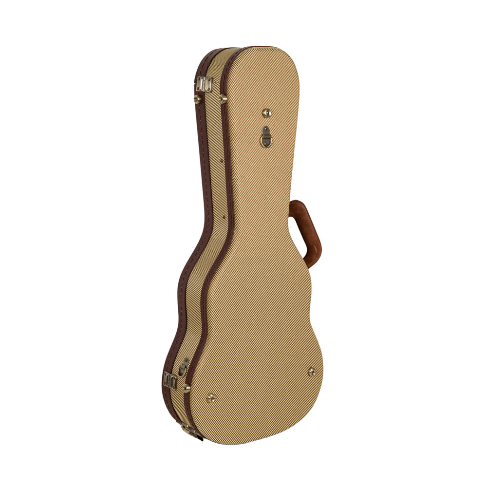 Crossrock CRW720TUFT fabric tweed Master Series wood tenor ukulele case standing upright, viewed from the back edge.