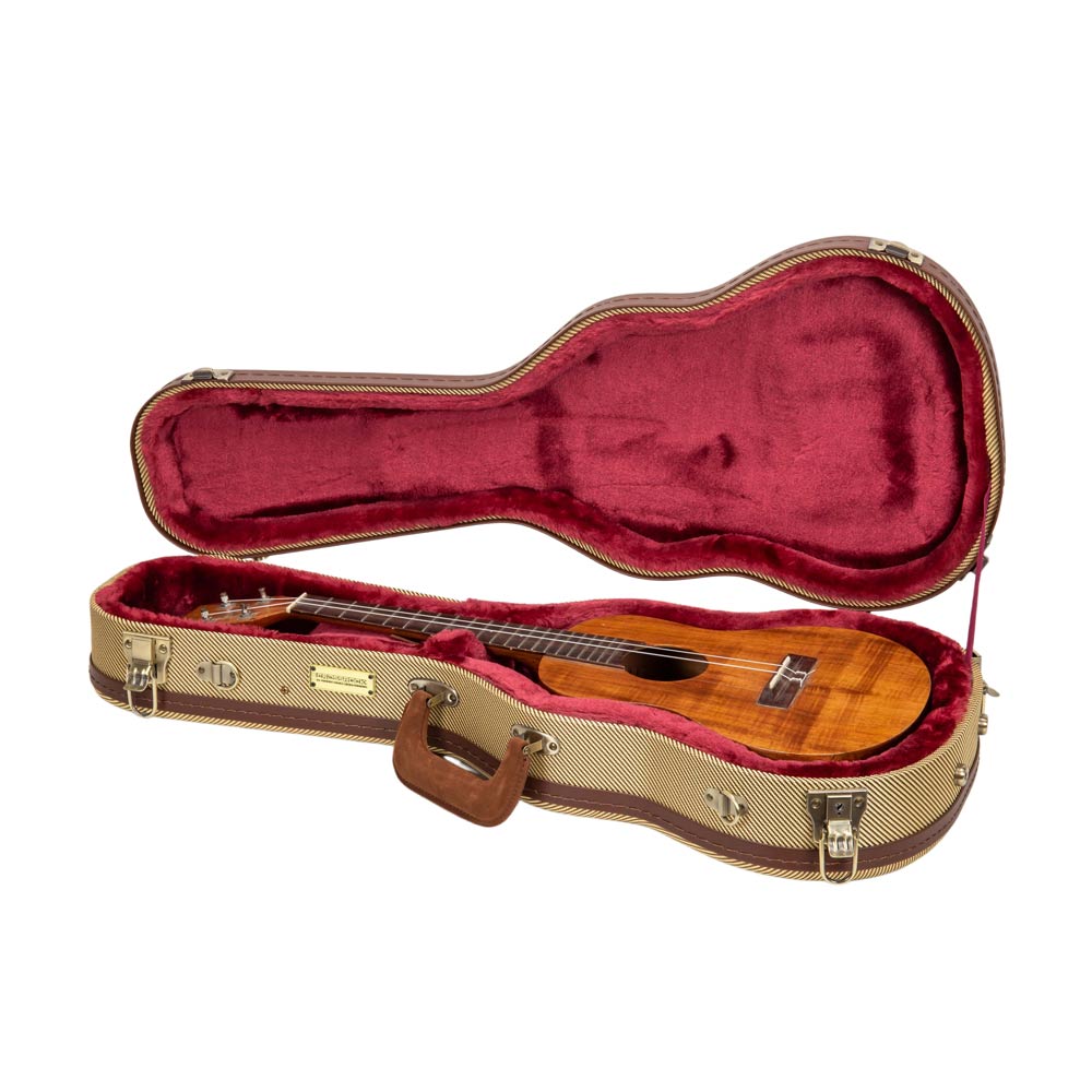 Crossrock CRW720TUFT fabric tweed Master Series wood tenor ukulele case open with a tenor ukulele resting in the burgundy plush lining.