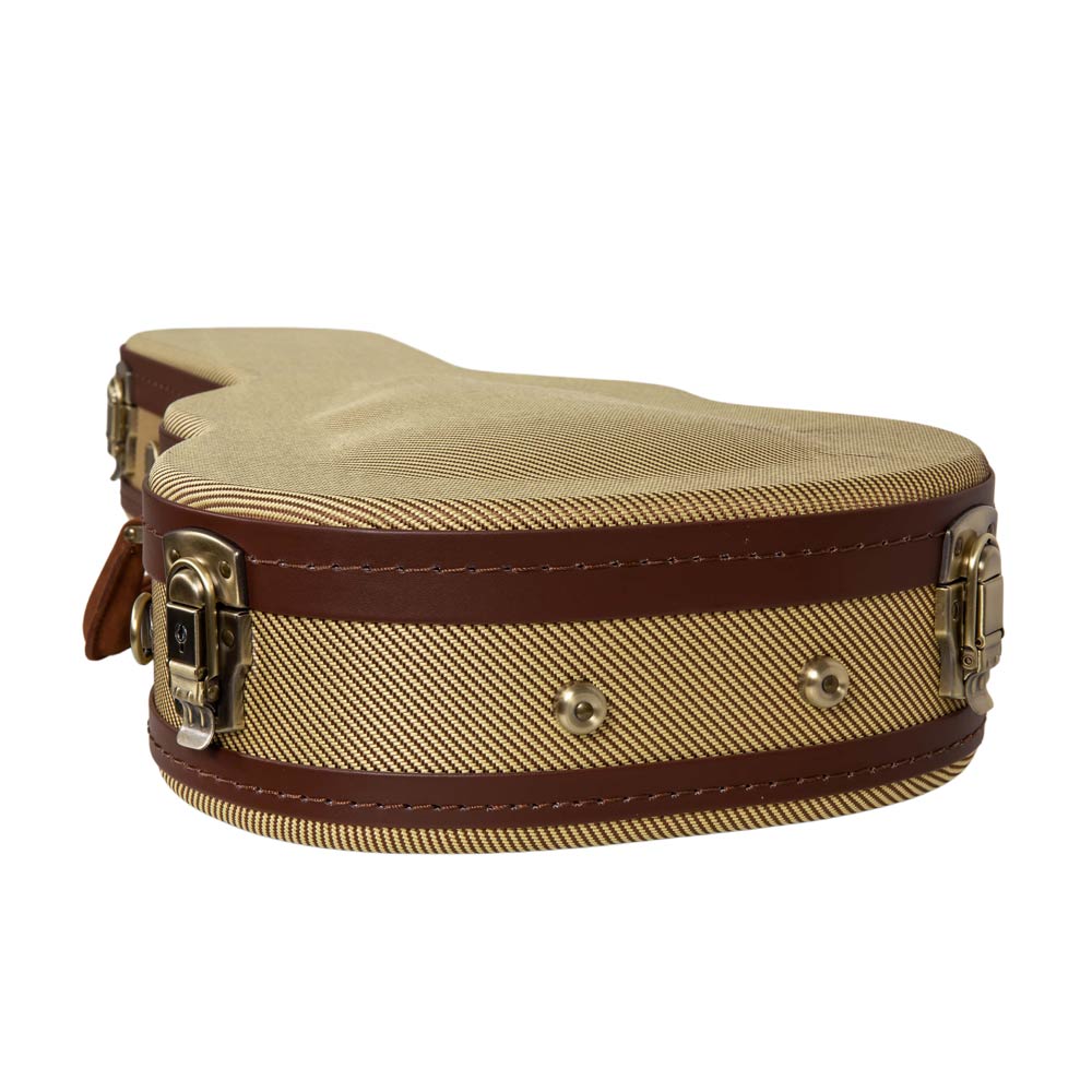 Crossrock CRW720TUFT fabric tweed Master Series wood tenor ukulele case lower bout close-up showing latches and foot studs on the tweed exterior.
