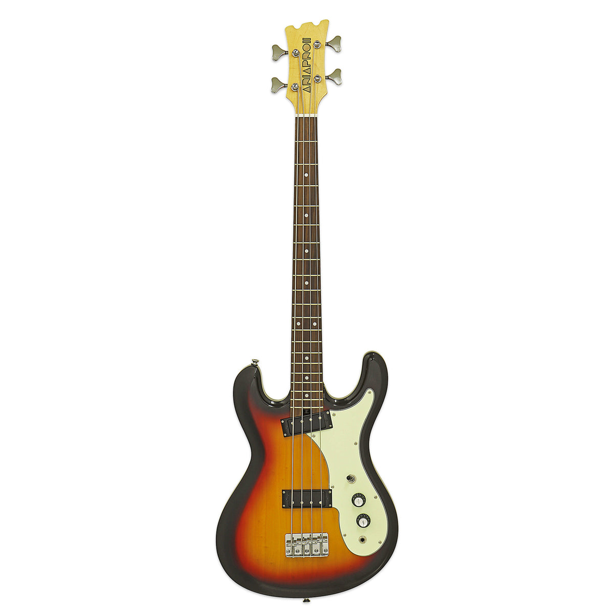 Aria DMB-206 Retro Classics short-scale bass in 3-tone sunburst with a mint green pickguard, full-length front view