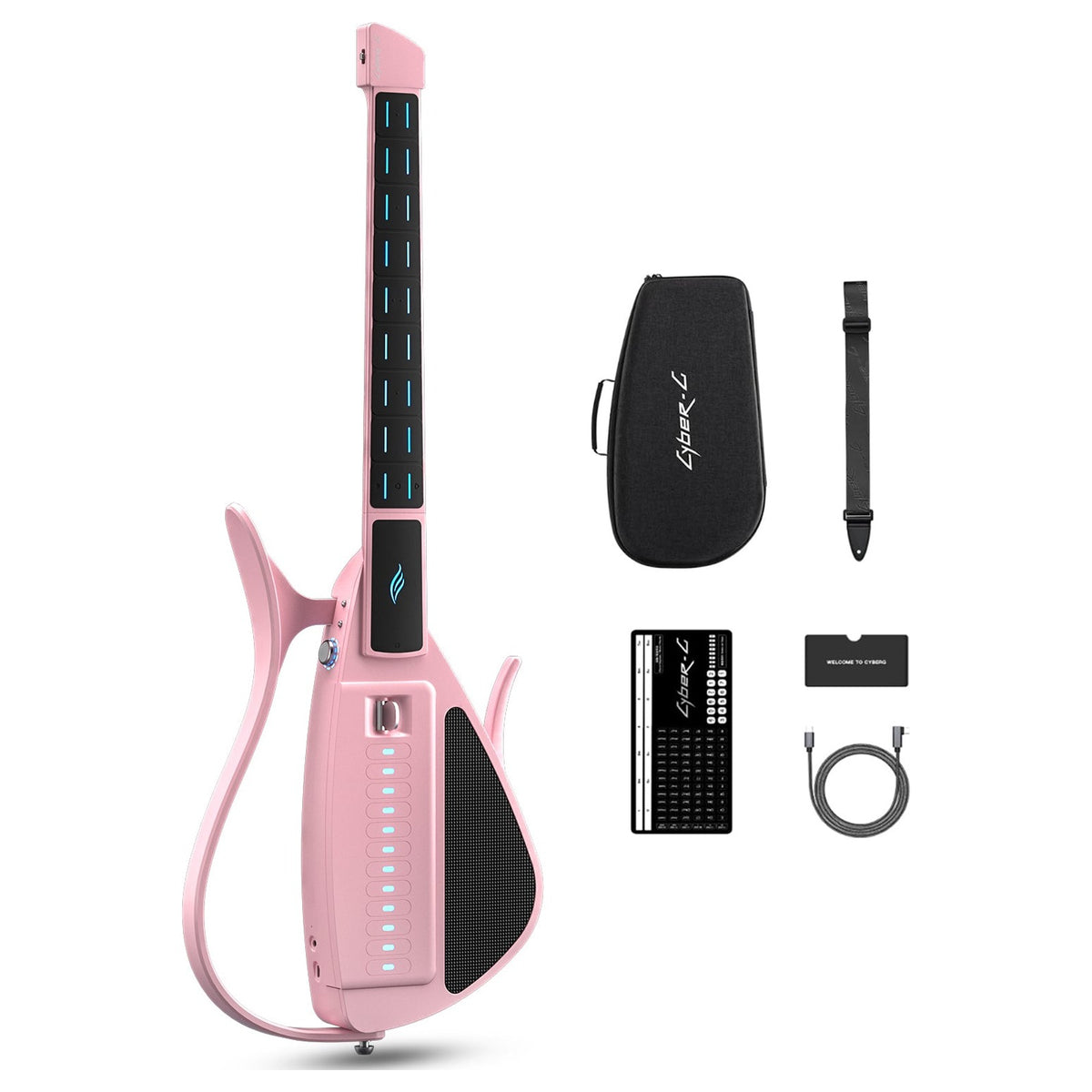 Enya Cyber-G Pick Model in Pink with its protective bag, strap, quick start guide and USB-C cable